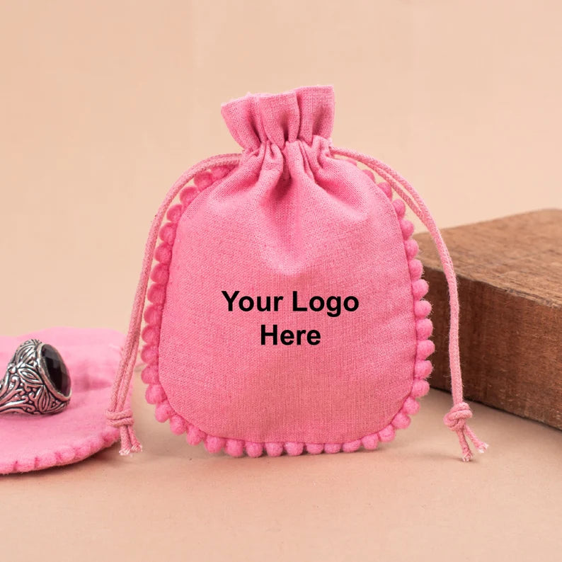 100 Sweet Rose Pink Designer Pouch Adorned with Delicate Pom Poms