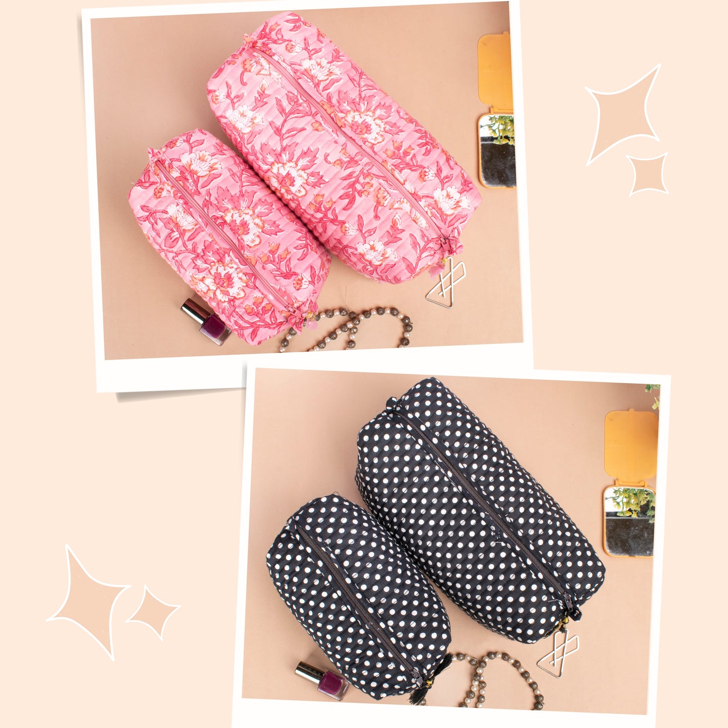 Combo of 2 - Hand Block Print Wash Bag, Block Printed Toiletry Bags, Toiletry Makeup Bags, Makeup Bag With Compartments, Travel Makeup Pouch