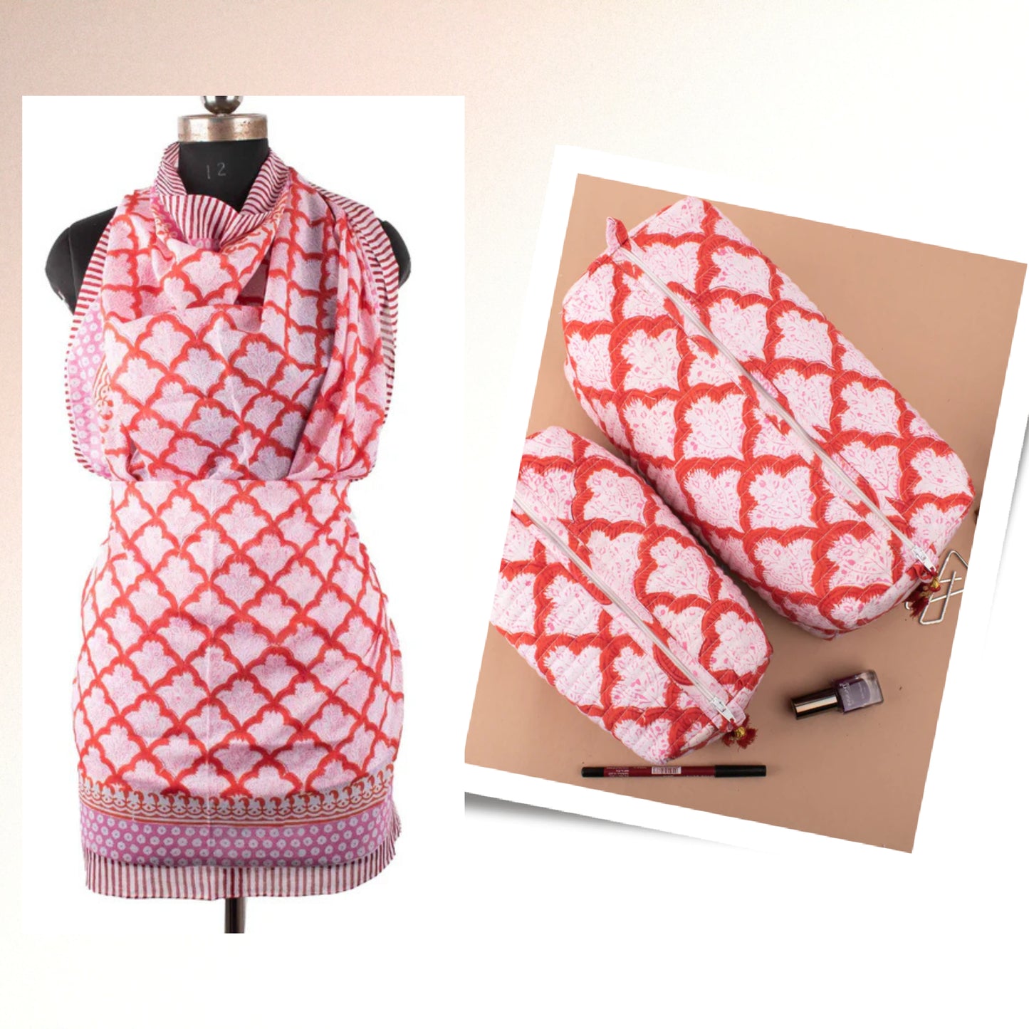 Bohemian Beauty Bag And Scarf, Summer Sarong And Vanity Bag Combo, Beach Wrap And Toiletry Kit, Wrap Skirt And Cosmetic Pouch Set