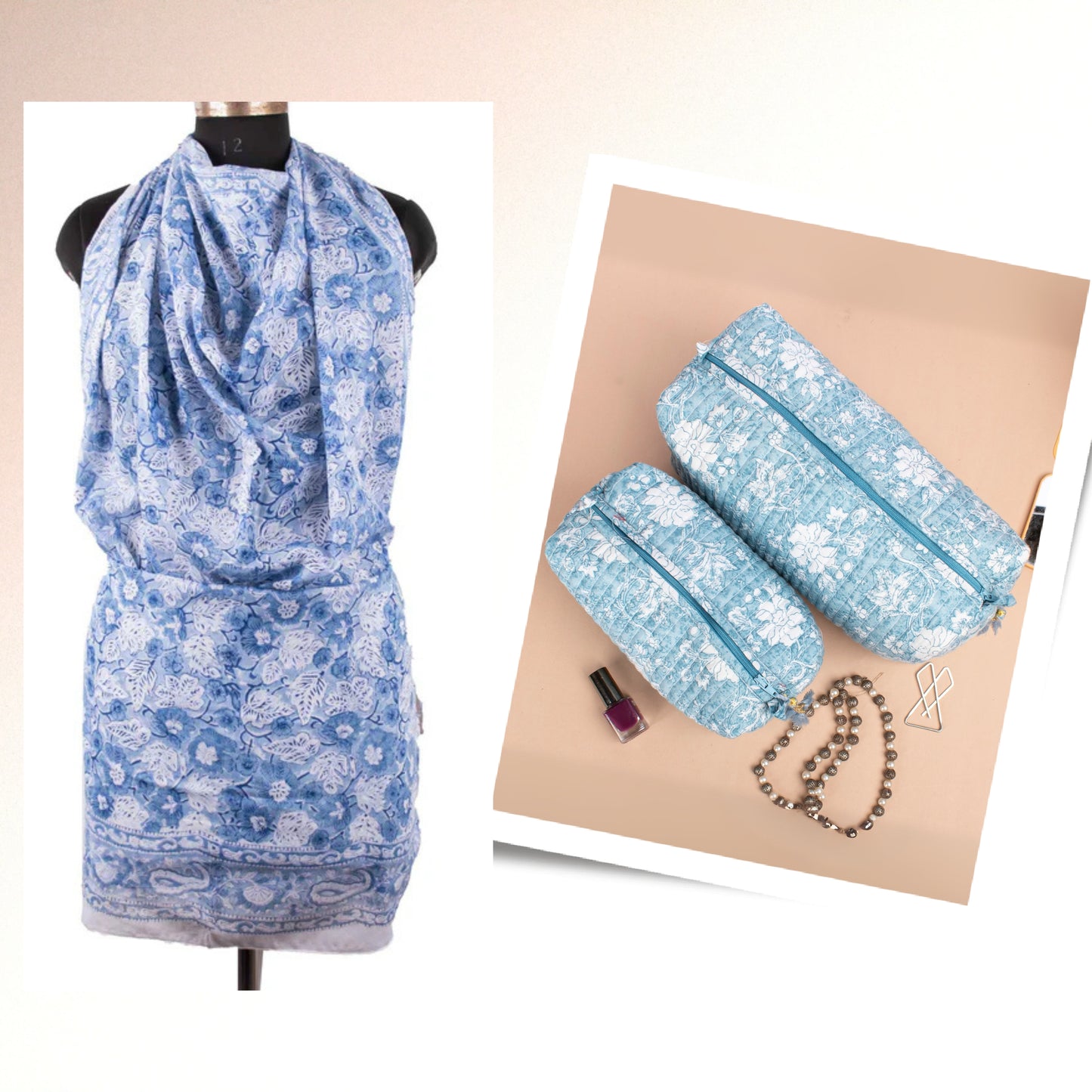 Trendy Accessories Set, Cozy Scarf & Makeup Bag Gift Set, Stylish And Practical Gift Combo, Luxury Cosmetic Bag & Block Printed Sarong