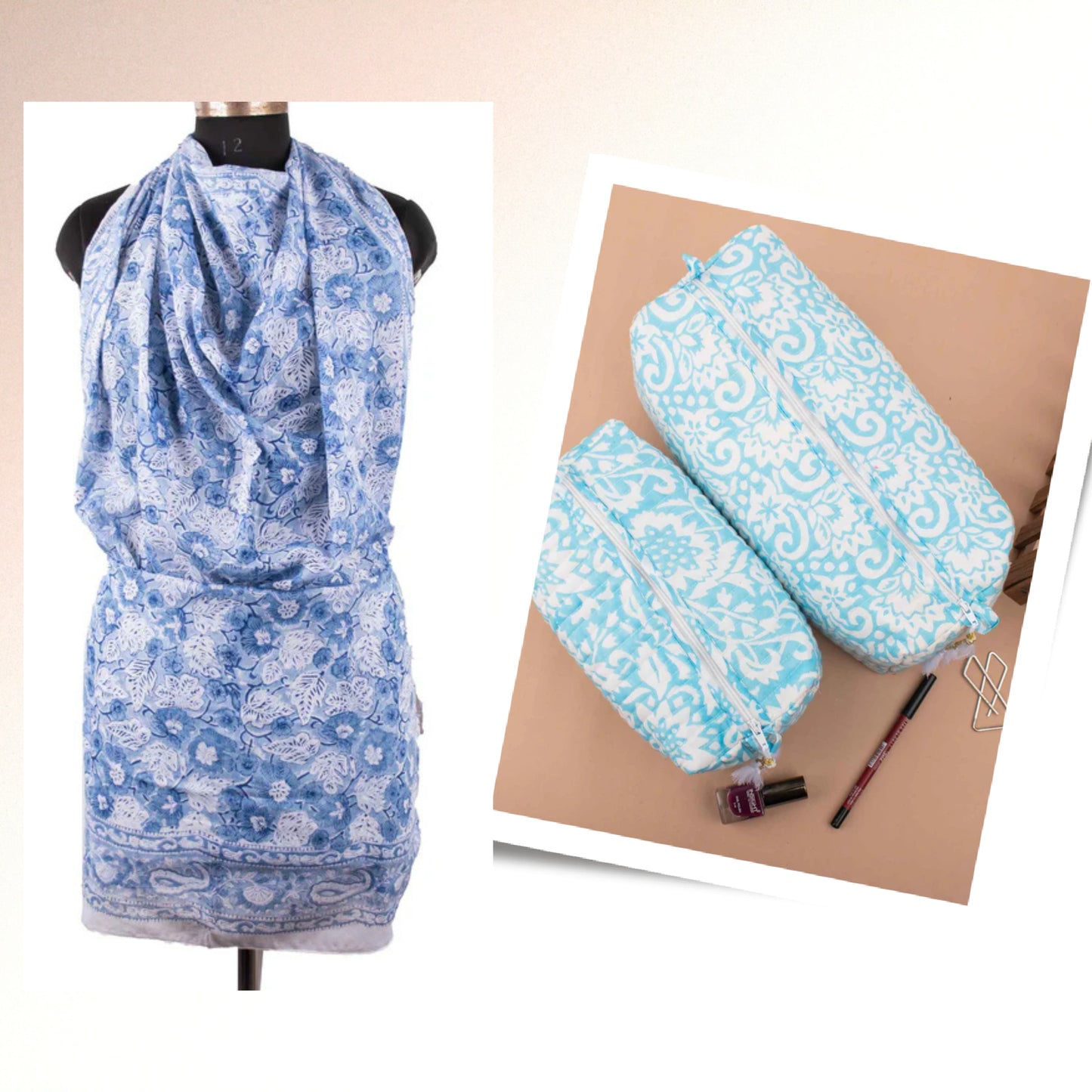 Pareo Wrap And Beauty Bag Set, Block Print Sarong And Makeup Bag Combo, Handmade Cotton Gift, Cotton Sarong And Mini Cosmetic Pouch