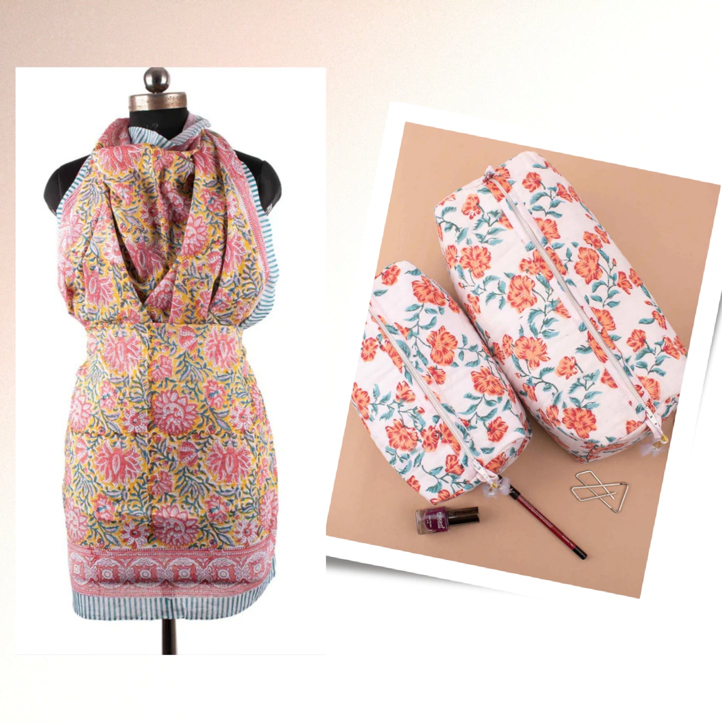 Printed Cotton Sarong With Matching Makeup Bag, Reusable Cosmetic Pouch, Boho Scarf Wrap Combo, Handmade Travel Kit, Gift For Women