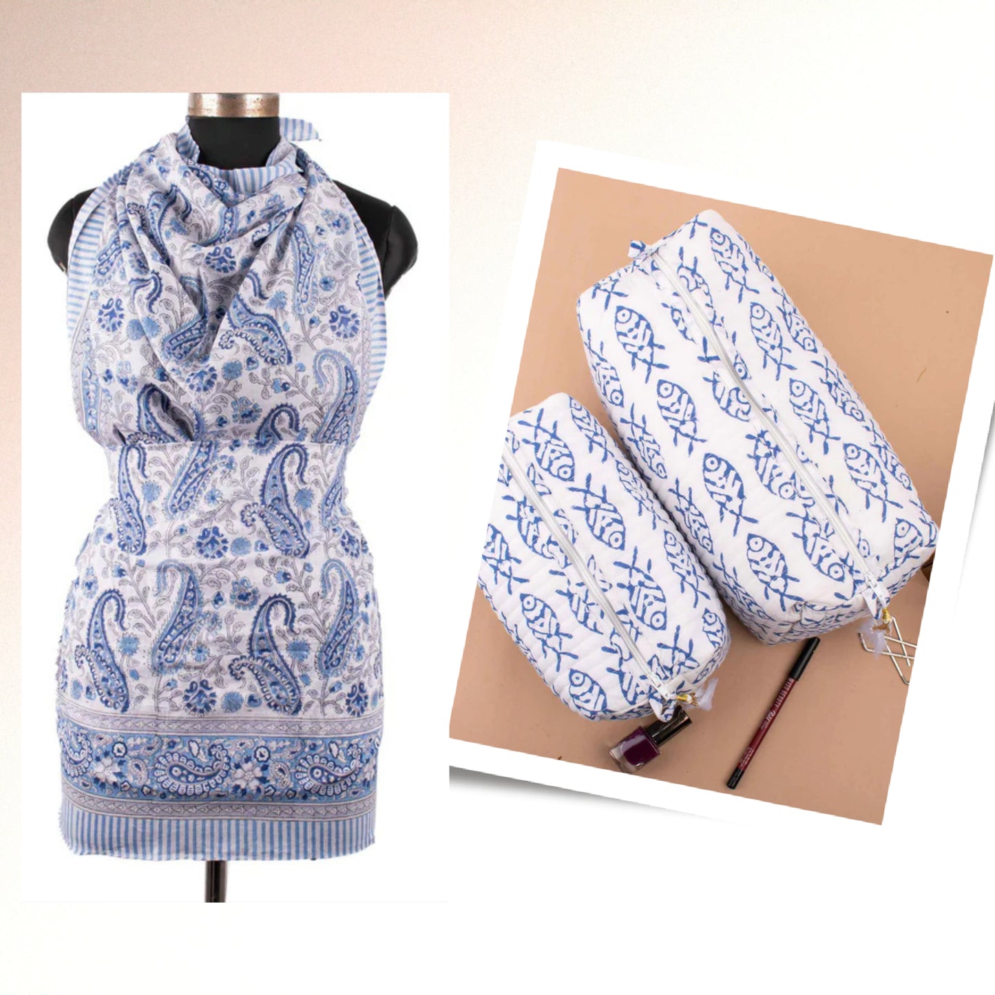 Lightweight Summer Scarf With Tolitary Bag, Printed Sarong And Makeup Bag Combo, Block Printed Gift Combo, Vanity Bag With Zipper Closure
