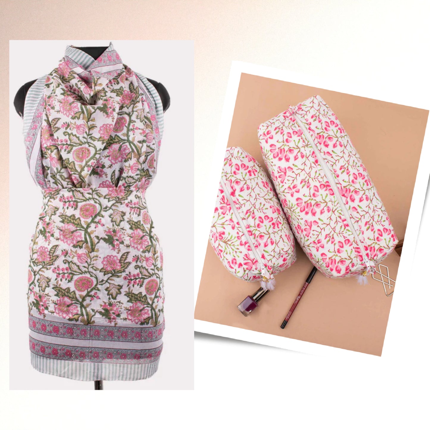 Summer Sarong And Vanity Bag Combo, Block Print Makeup Bag, Pareo Wrap And Beauty Bag Set, Handmade Combo Gift For Her