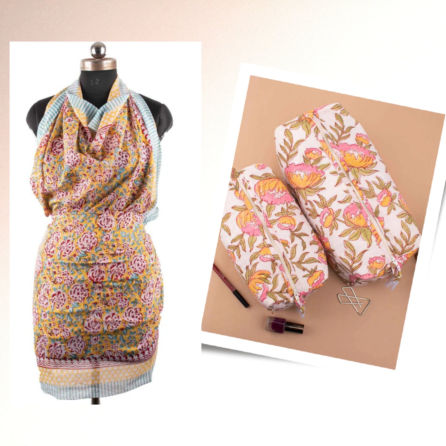 Combo Scarf And Makeup Bag Gift, Bohemian Beauty Bag And Fashion Scarf, Ethnic Print Makeup Bag And Pareo, Block Printed Gift Combo