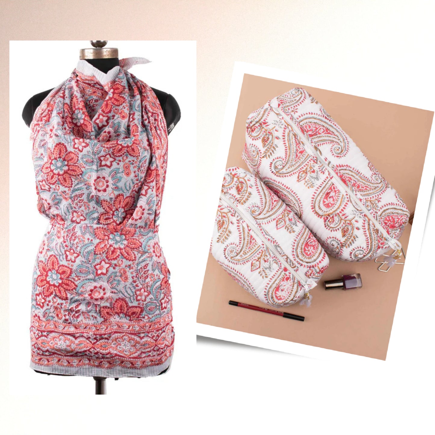 Colorful Makeup Bag And Wrap Set, Beachwear And Makeup Bag Combo, Cotton Pareo And Toiletry Bag Set, Printed Beach Cover Up