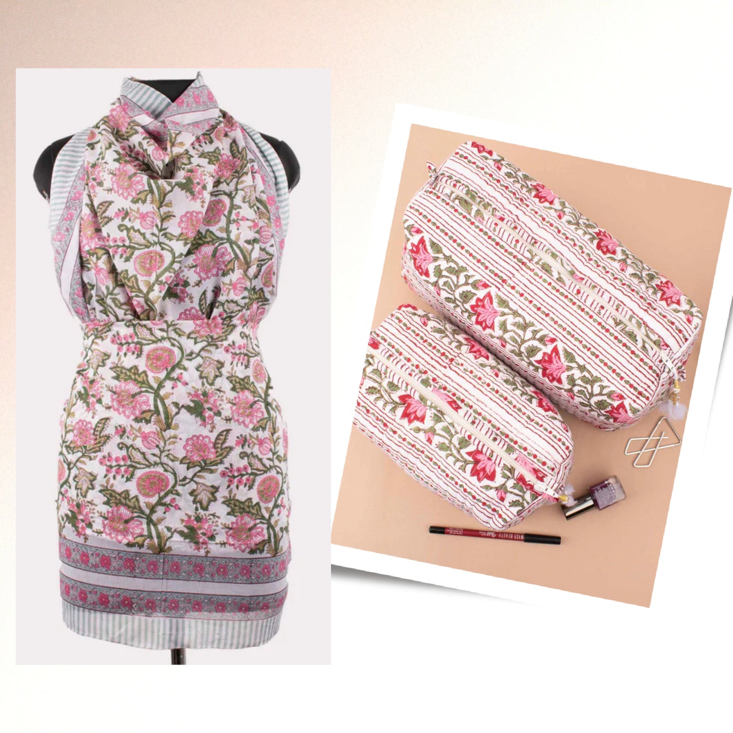 Wrap Skirt And Cosmetic Pouch Set, Makeup Organizer And Sarong Duo, Block Print Beach Pareo, Makeup Bag With Matching Scarf