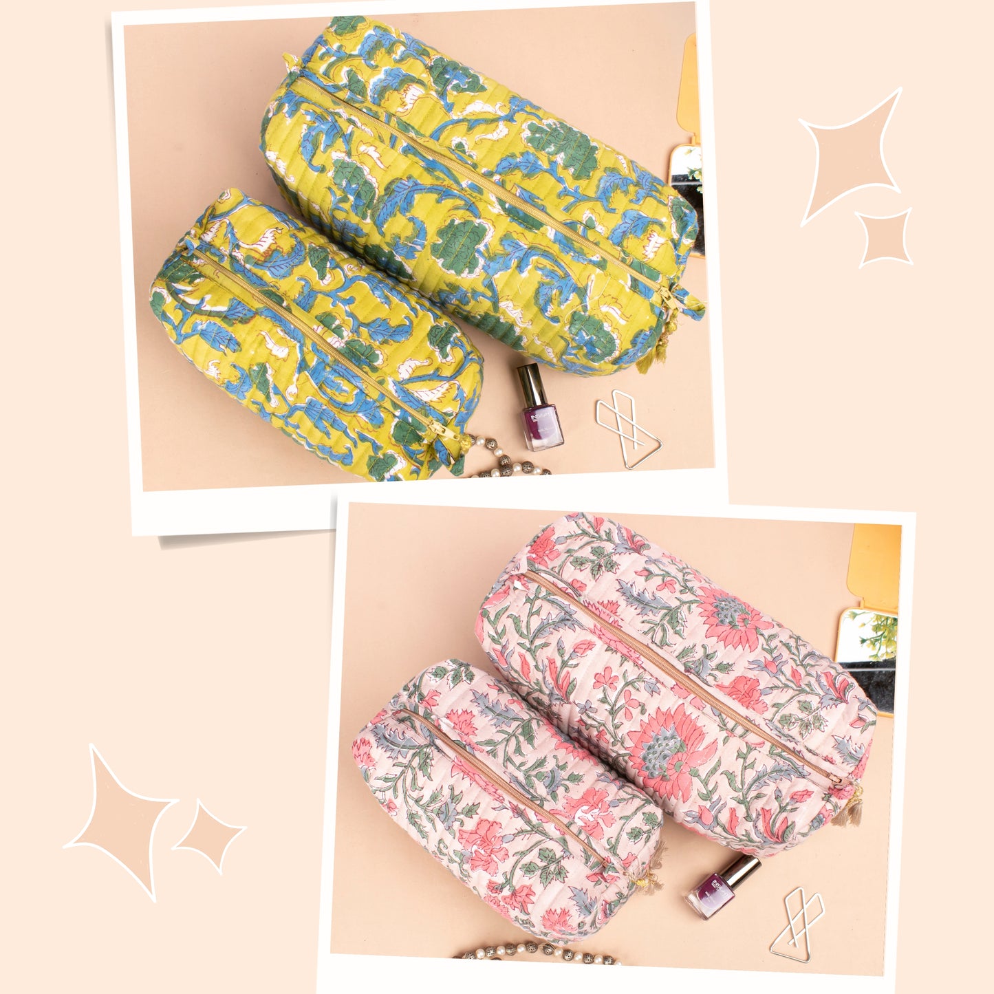 Combo of 2 - Toiletry Bag For Women, Quilted Wash Bag, Cotton Cosmetic Bag, Printed Makeup Bags, Travel Makeup Pouch, Cute Makeup Organizer