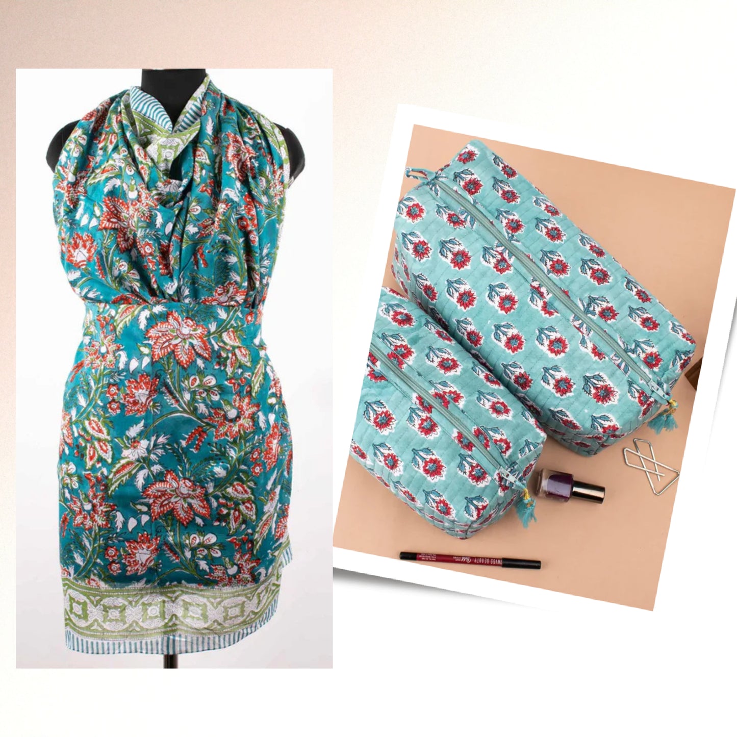 Printed Cotton Pareo With Matching Makeup Bag, Indian Handmade Combo Gift, Lightweight Summer Scarf With Tolitary Bag, Affordable Gift Combo
