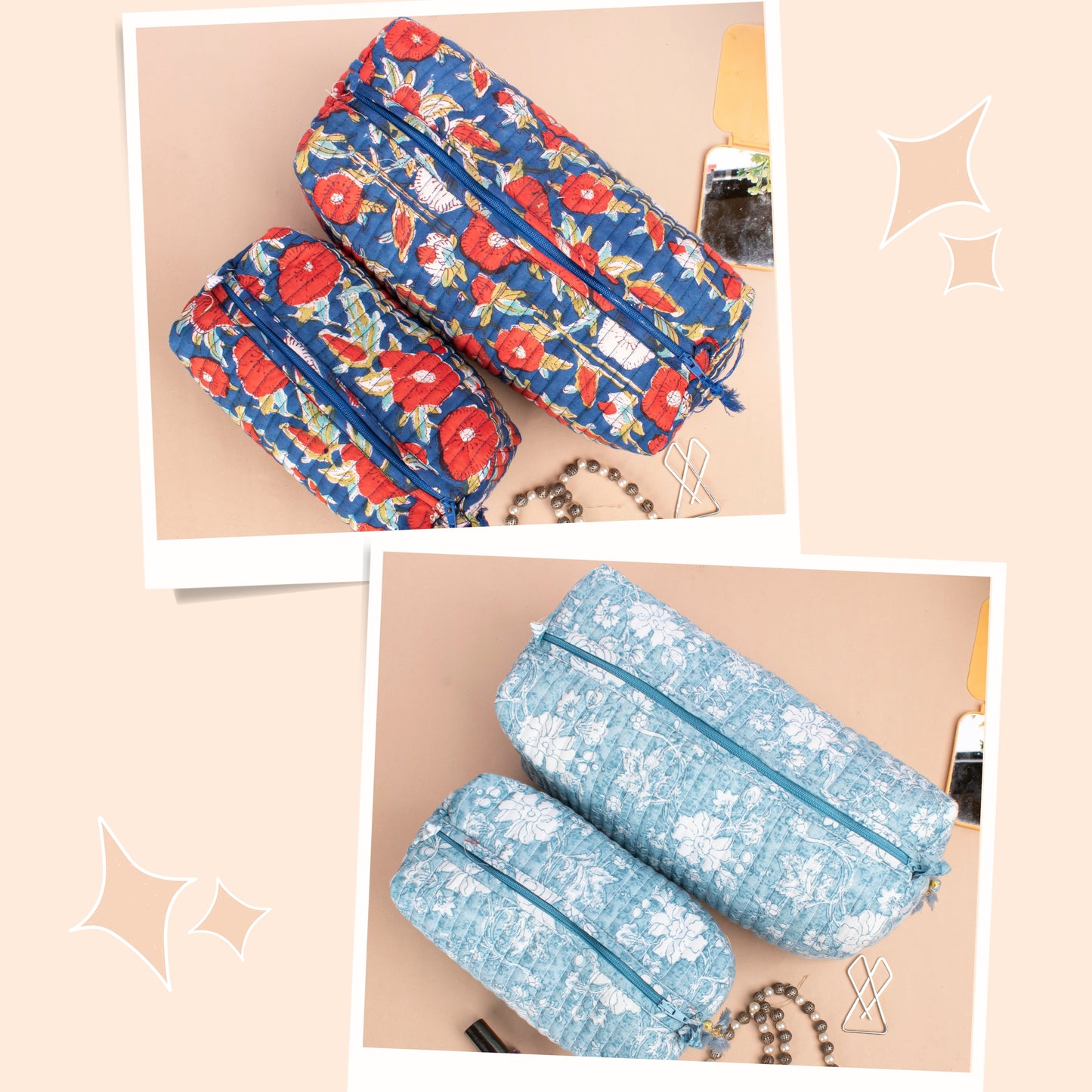 Combo of 2 - Makeup Bag With Compartments, Handmade Block Print Bag, Makeup Travel Bag, Cosmetic Bag For Makeup, Vanity Bag Makeup