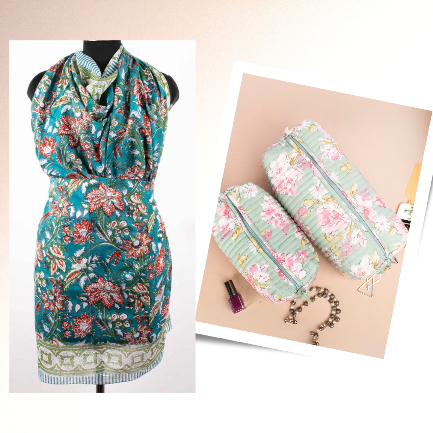 Cosmetic Bag And Scarf, Block Printed Gift Combo For Women, Artisan Makeup Bag & Pareo Set, Cotton Toiletry Bag