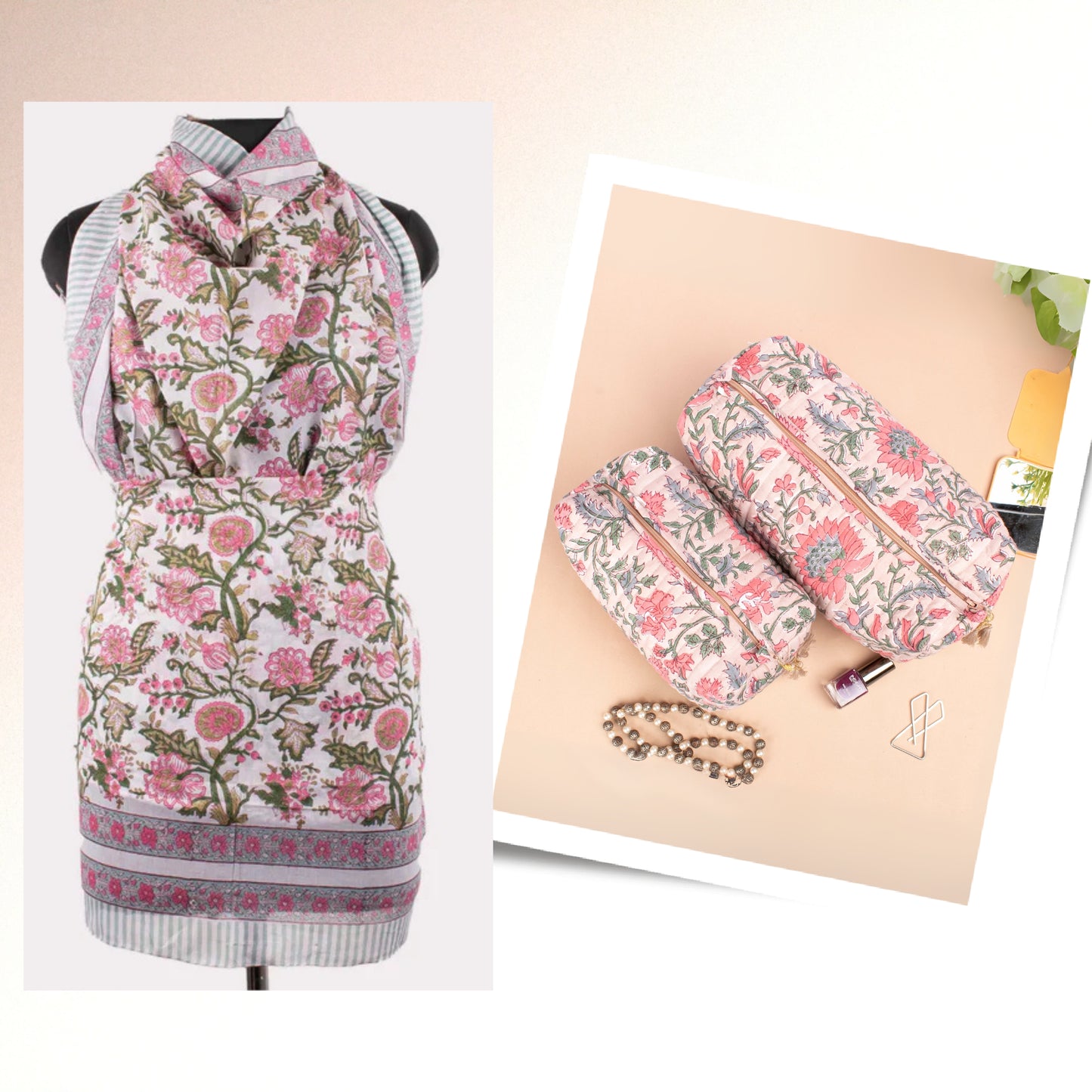 Travel Friendly Gift Set, Printed Scarf And Mini Bag Combo, Bohemian Style Pareo And Pouch, Makeup Organizer And Sarong Duo