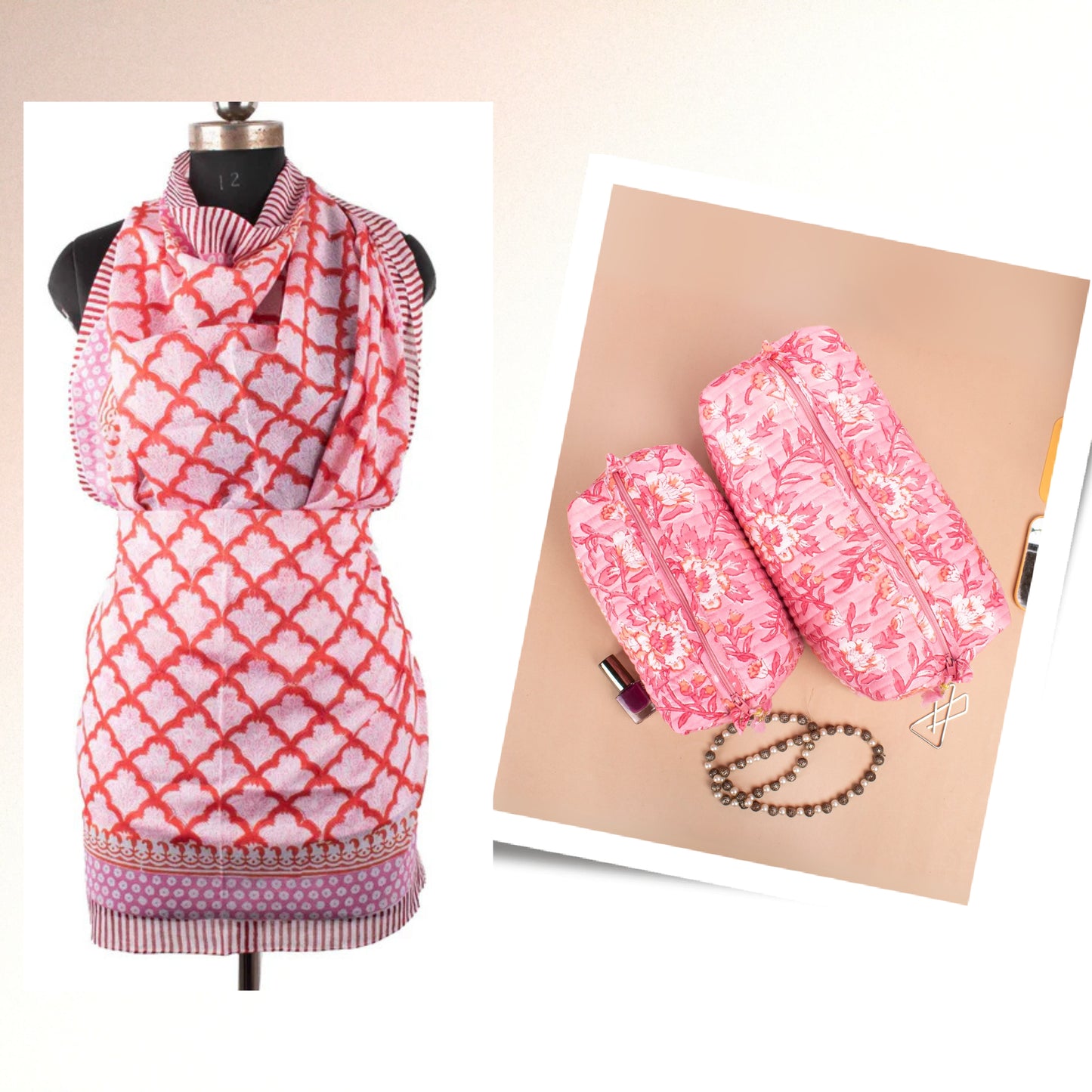 Bohemian Beauty Bag And Scarf, Beach Wrap And Toiletry Kit Combo, Block Print Sarong And Makeup Bag Combo, Gift Idea For Women