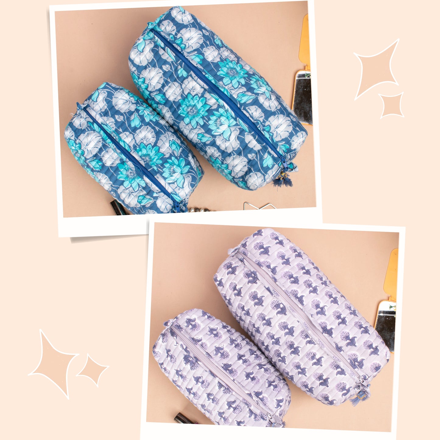 Combo of 2 - Makeup Cosmetic Pouch, Travel Makeup Pouch, Printed Makeup Bags, Block Print Makeup Bag, Cotton Bag, Toiletry Bag For Women
