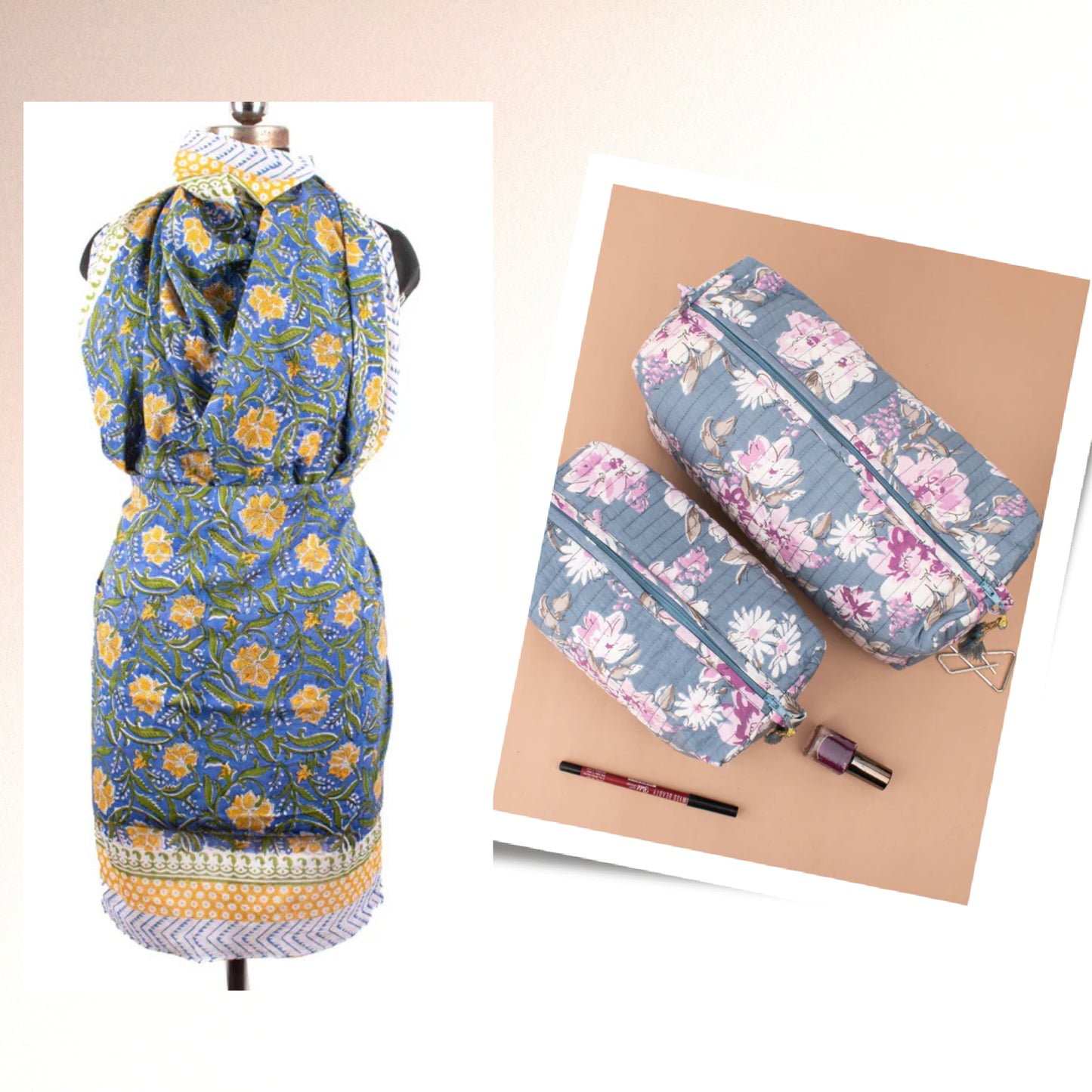 Printed Scarf And Mini Bag Combo, Bohemian Style Pareo And Pouch, Gift Idea For Her, Boho Sarong And Makeup Bag Combo, Printed Vanity Case