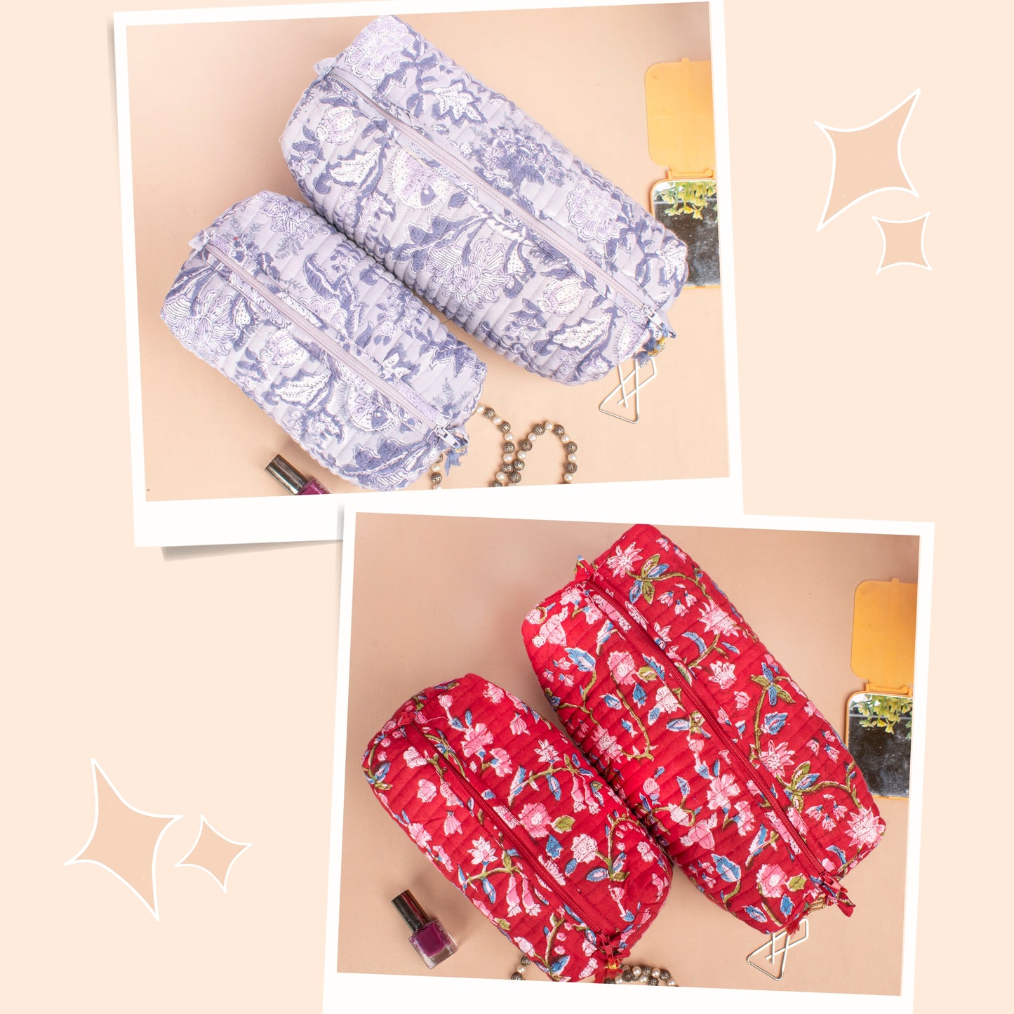 Combo of 2 -Large Cotton Wash Bag, Cotton Printed Makeup Bag, Toiletry Makeup Bags, Mini Makeup Organizer, Quilted Wash Bag, Vanity Case