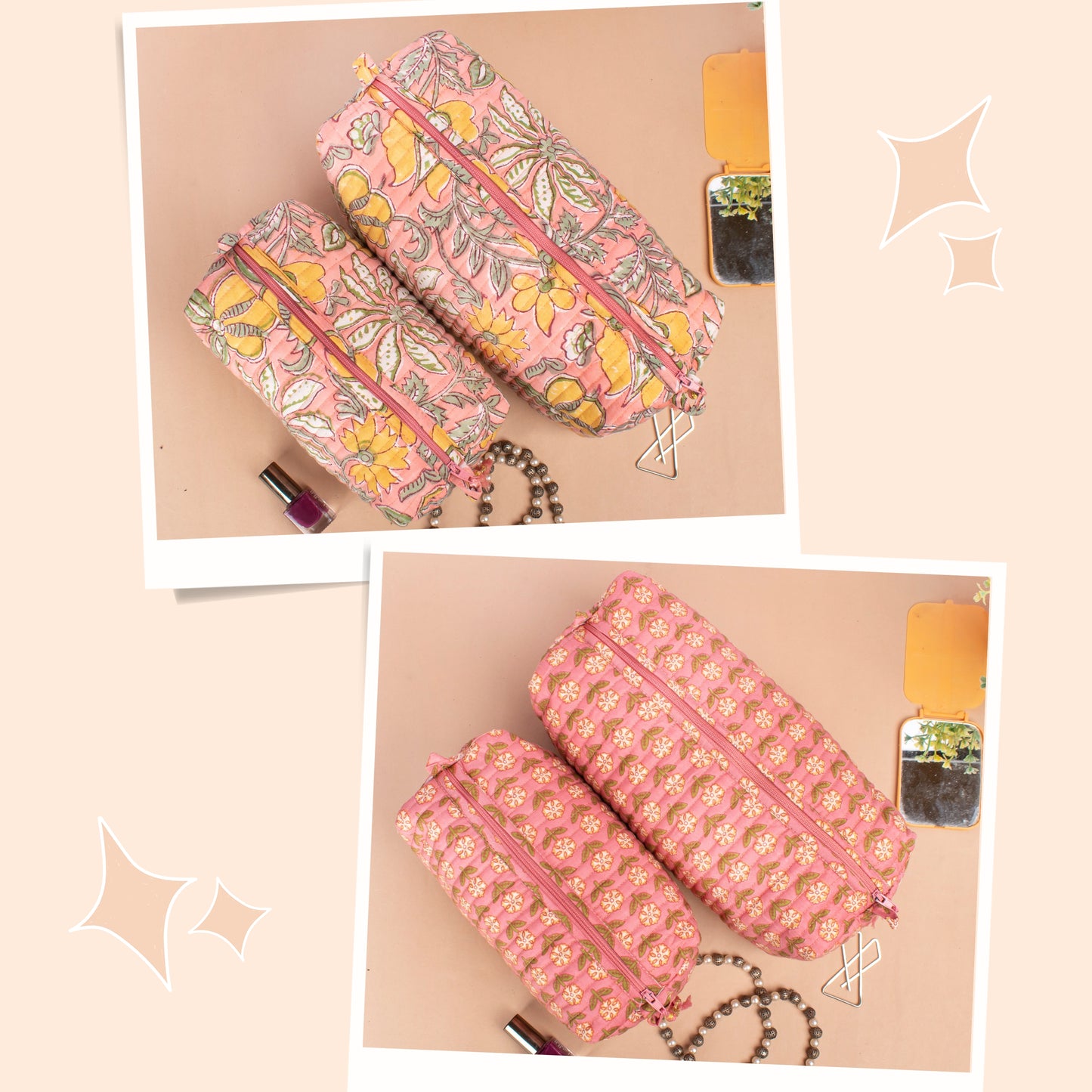 Combo of 2 -Hand Block Print Cosmetic Bag, Fabric Makeup Pouch, Cotton Toiletry Bag, Makeup Case, Bridesmaid Gift Makeup Bag, Quilted Wash Bag
