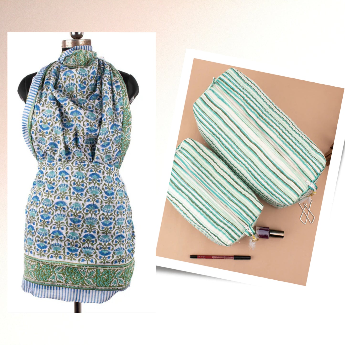 Makeup Organizer And Sarong Duo, Pareo Wrap And Beauty Bag Set, Block Print Beach Pareo, Boho Scarf Wrap & Mini Cosmetic Pouch Combo