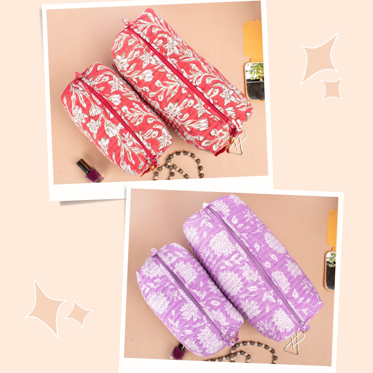 Combo of 2 - Hand Block Print Toiletry Bag, Cotton Toiletry Bag, 100% Cotton Material, Mini Makeup Organizer, Zippered Makeup Pouch, Cosmetic Case