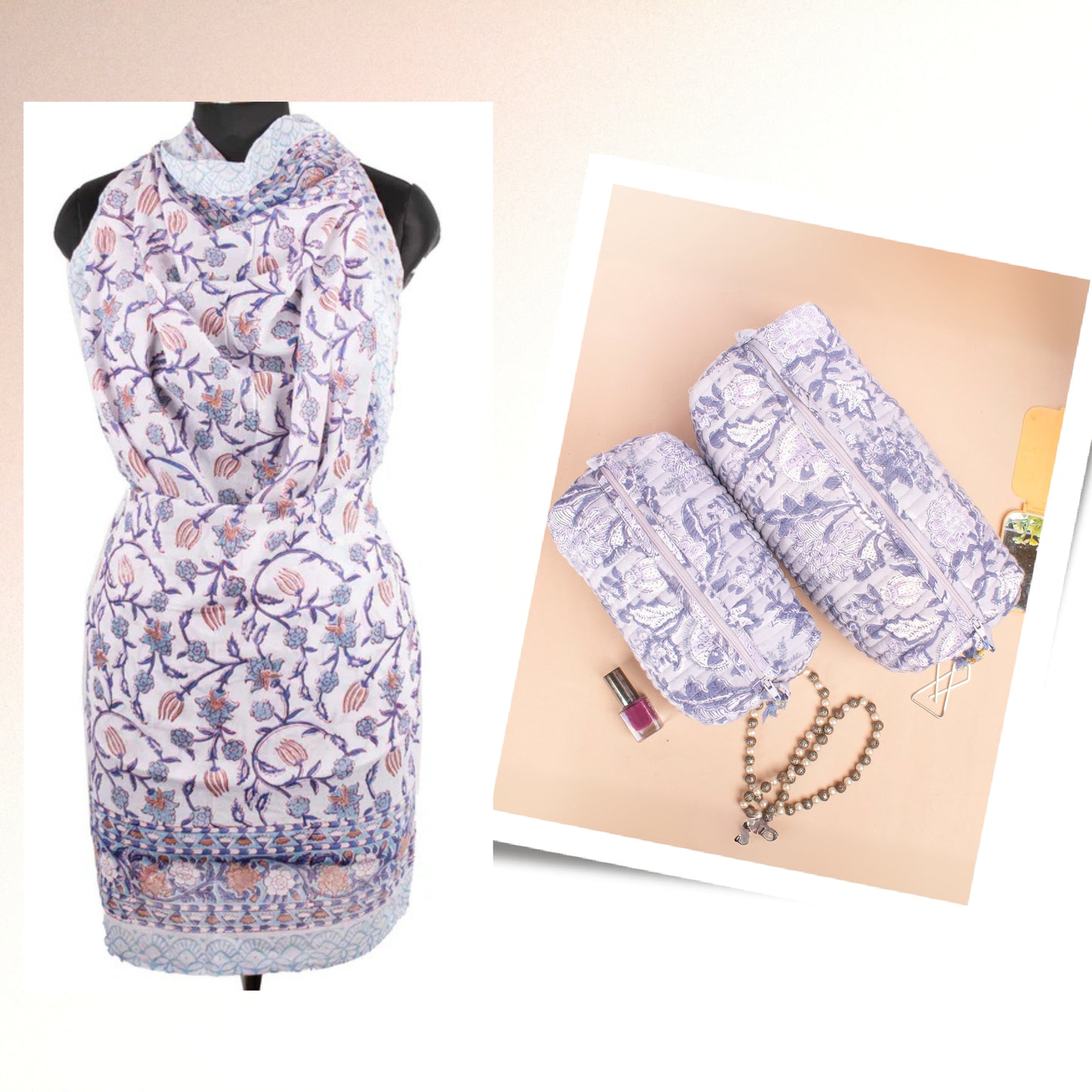 Cosmetic Bag & Scarf Set, Makeup Bag With Matching Block Print Sarong, Block Printed Gift Combo, Scarf And Toiletry Bag Combo