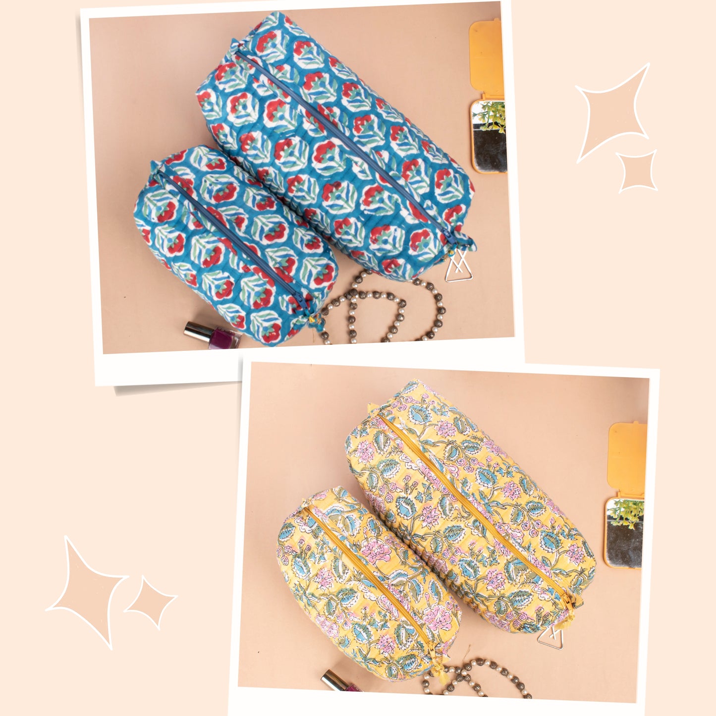 Combo of 2 - Zippered Makeup Pouch, Bridesmaid Gift Makeup Bag, Makeup Case, Handmade Toiletry Bag, Quilted Cotton Large Makeup Bag, Washable