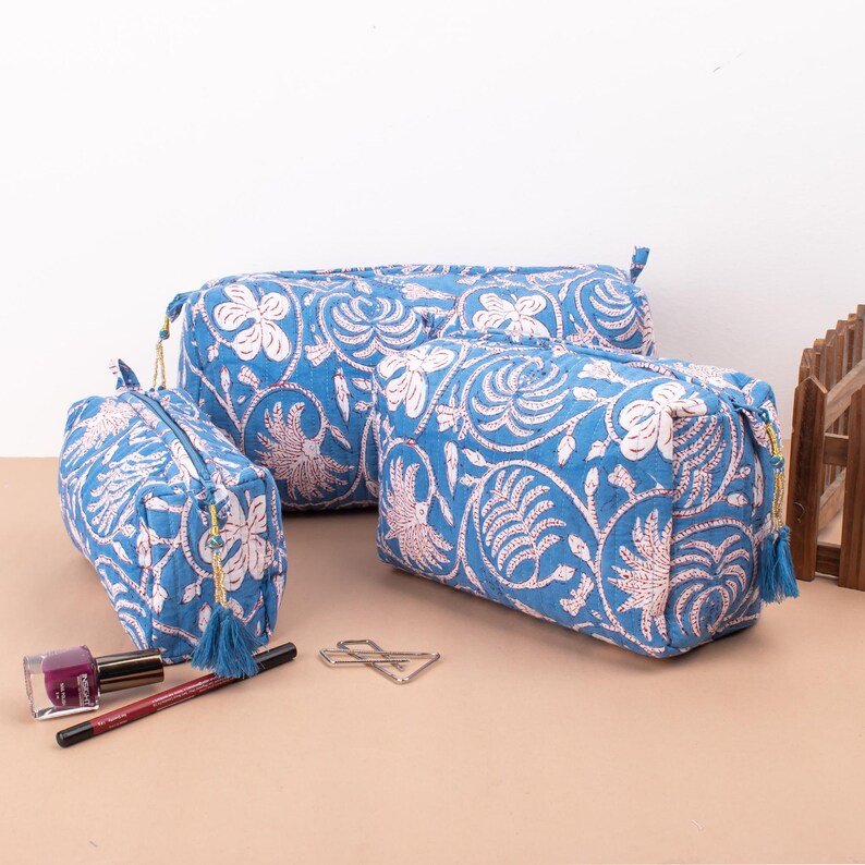 Assorted Makeup Bag, Hand Block Printed Toiletry Bag, Waterproof Wash Bag, Cosmetic Bag, Travel Bag With Pockets, Jumbo Wash Bag - Set of 3