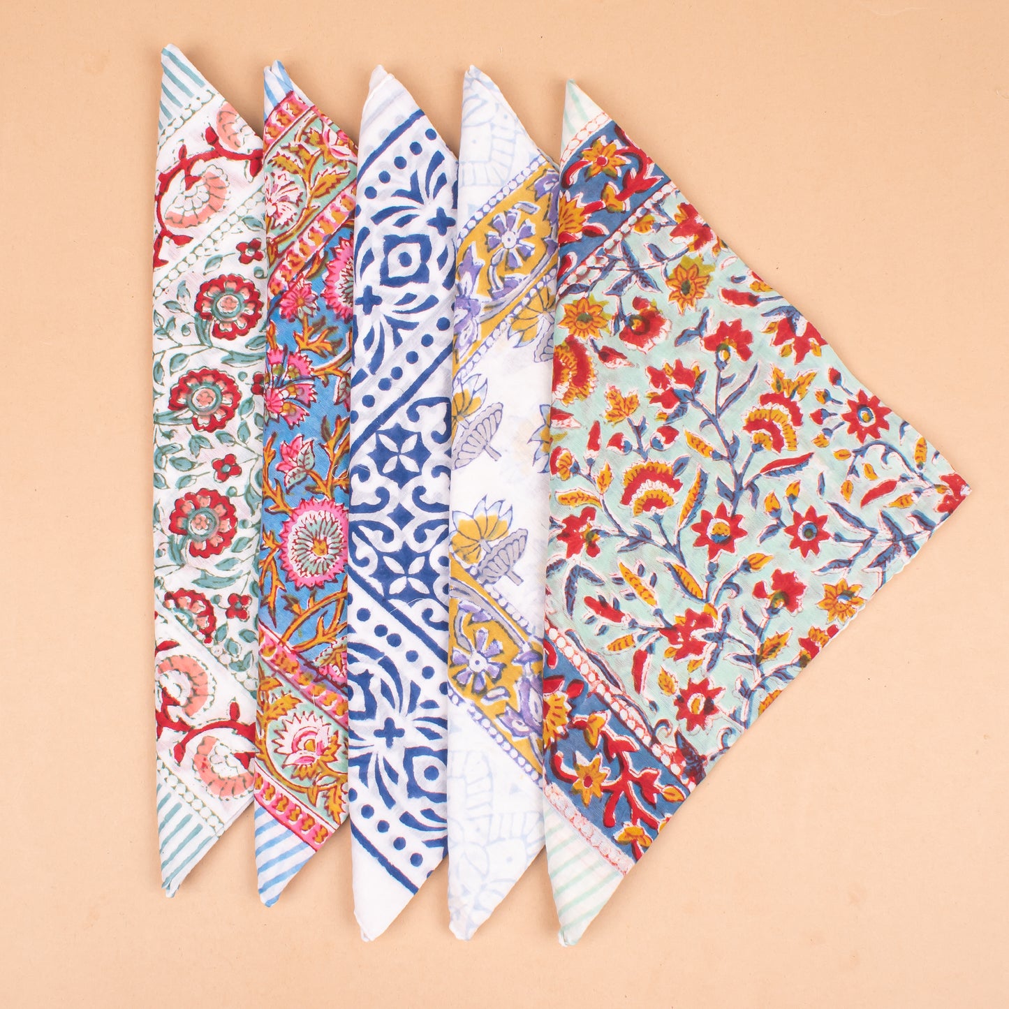 Set of 5 - Handmade Organic Cotton Bandana, Boho Paisley Block Printed Scarf, Lightweight Neck Or Hair Wrap, Unisex Sustainable Fashion Accessory