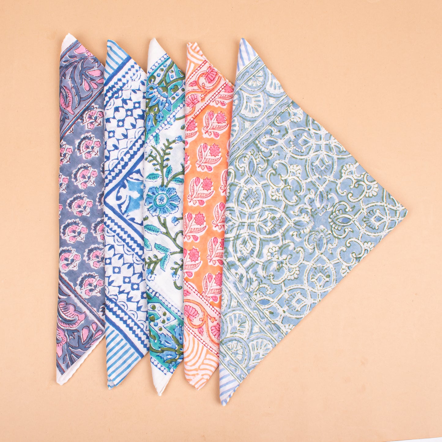 Set of 5 - Bohemian Block Printed Cotton Bandana, Lightweight Hair Or Neck Wrap, Paisley Scarf, Organic, Handmade Unisex Accessory, Eco-Friendly Gift