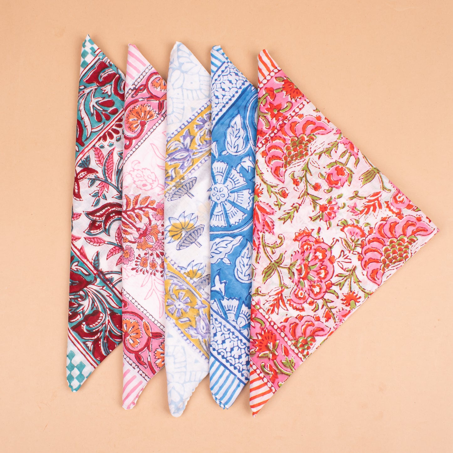 Set of 5 - Block Printed Floral Cotton Bandana, Handmade Organic Scarf, Lightweight Hair Or Neck Wrap, Boho Unisex Fashion Accessory, Unique Gift Idea