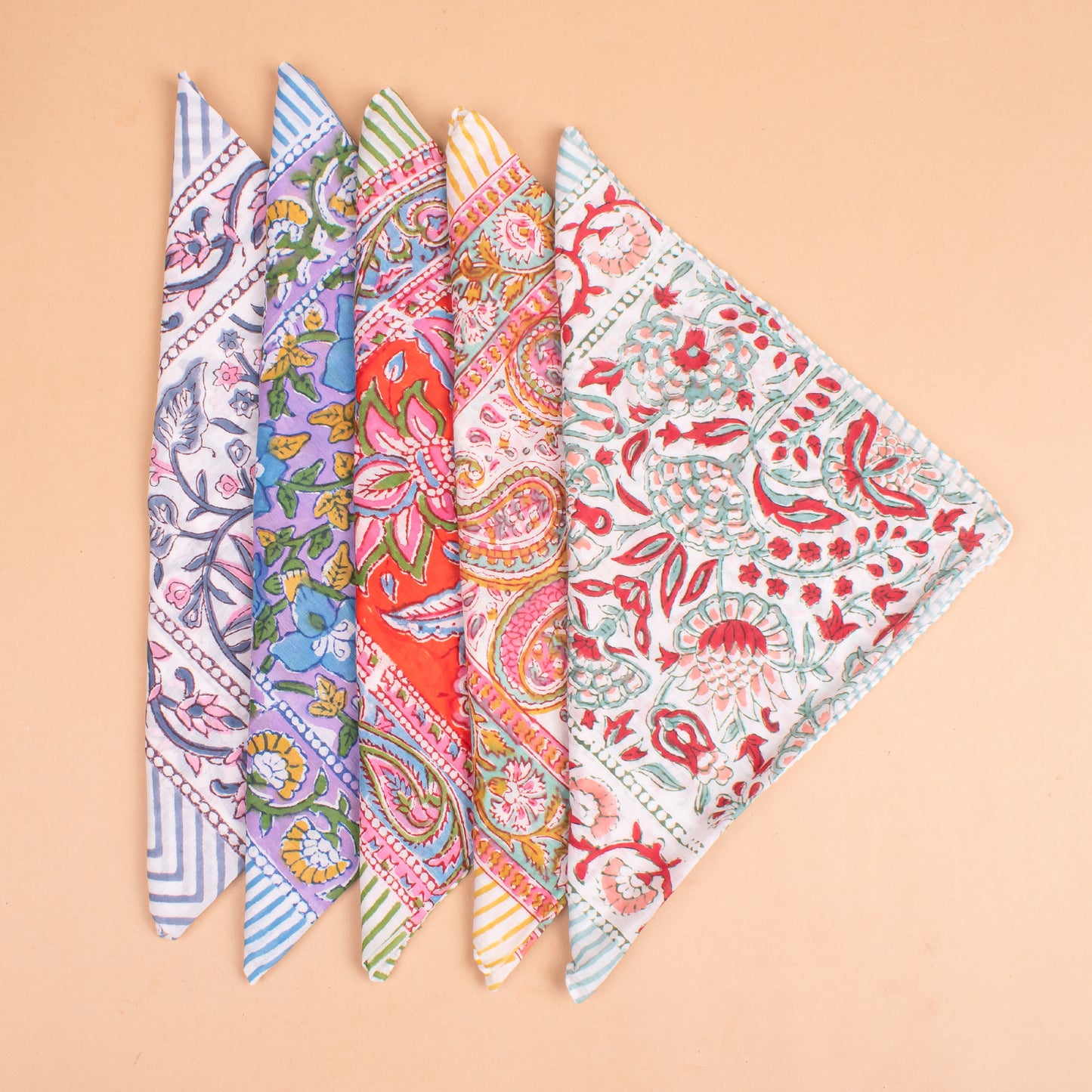 Set of 5 - Organic Lightweight Neck Or Hair Wrap, Handmade Block Print Cotton Bandana, Paisley Scarf, Boho Sustainable Accessory, Unisex Gift For All