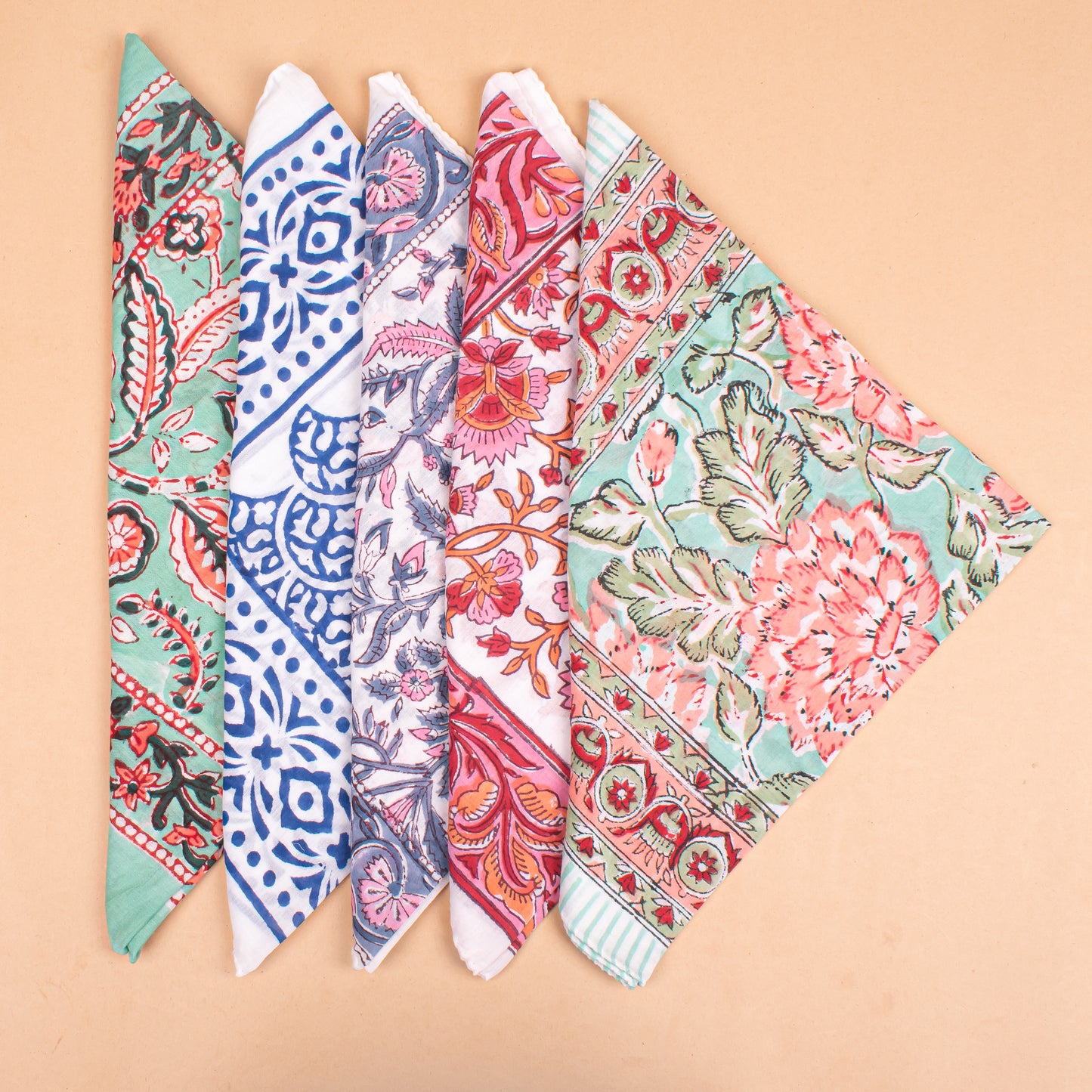 Set of 5 - Boho Paisley Cotton Bandana, Hand Block Printed Scarf, Organic Hair Or Neck Wrap, Lightweight Unisex Accessory, Sustainable Fashion Gift