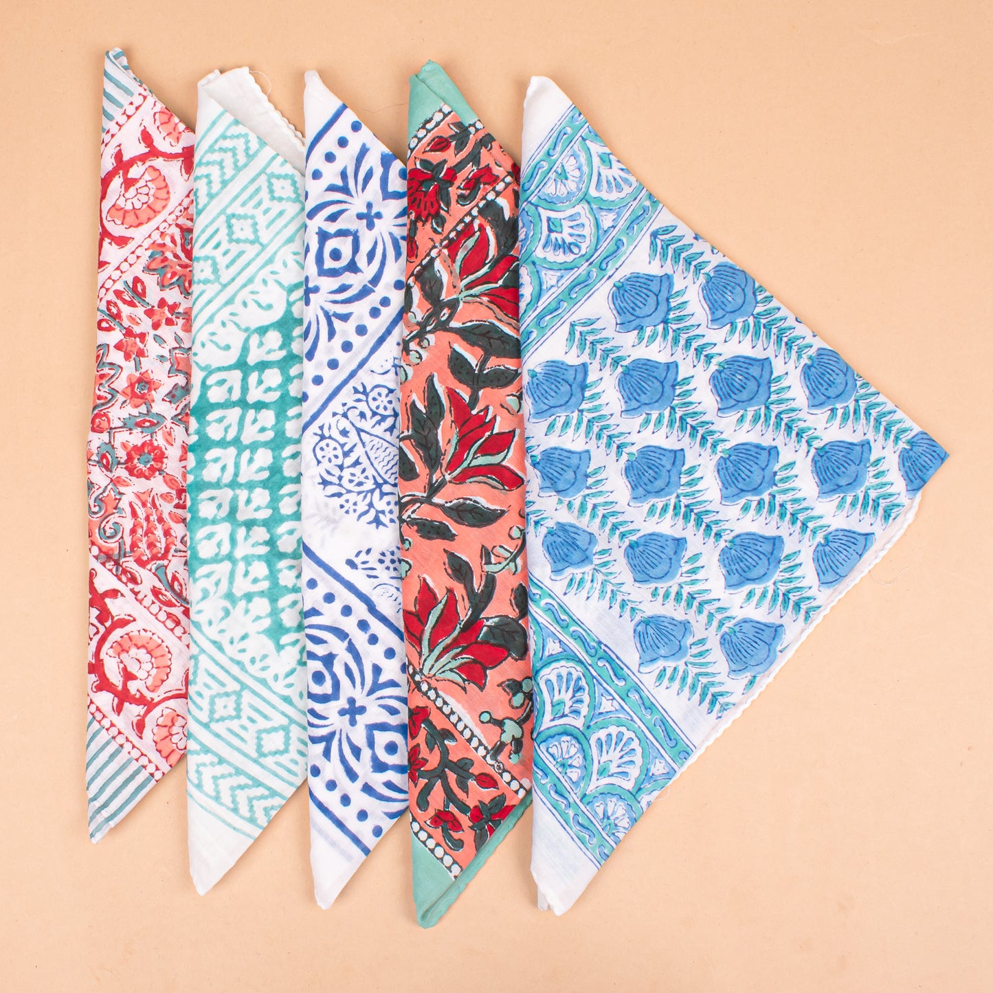 Set of 5 - Block Printed Cotton Bandana, Floral Paisley Scarf, Handmade Wrap For Hair, Neck, Boho Unisex Fashion Accessory, Gift For All