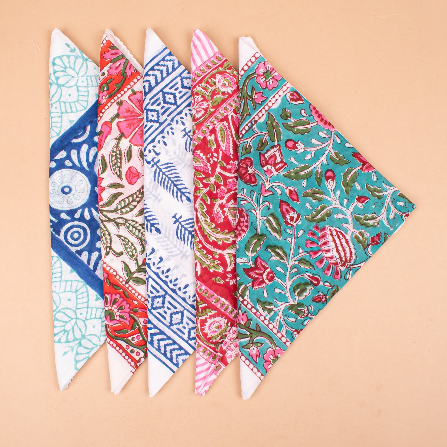 Set of 5 - Handmade Floral Cotton Bandana, Block Printed Paisley Scarf, Organic Lightweight Hair Or Neck Wrap, Bohemian Unisex Accessory, Eco Gift