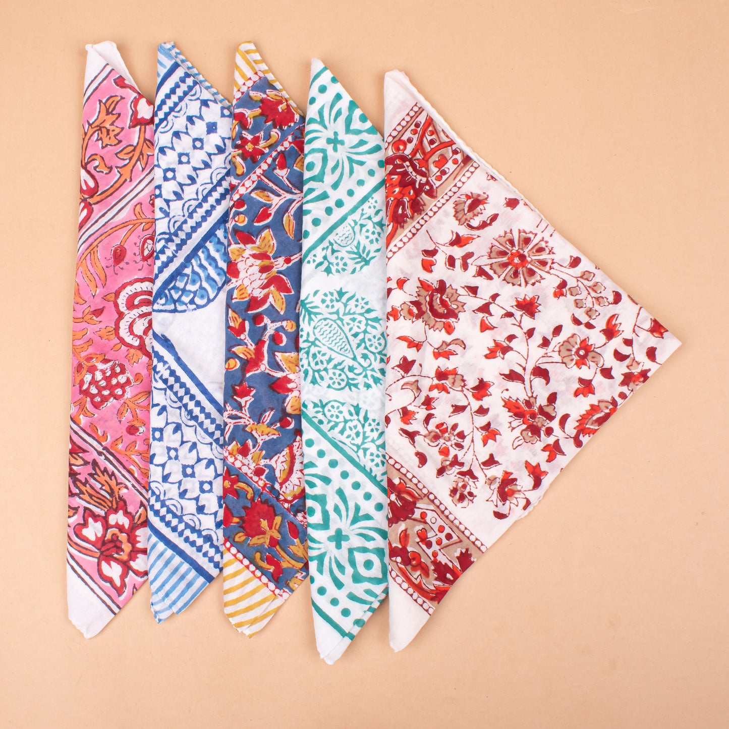 Set of 5 - Hand Block Printed Organic Cotton Bandana, Boho Paisley Scarf, Perfect For Hair, Neck Or Face, Sustainable Unisex Fashion Accessory