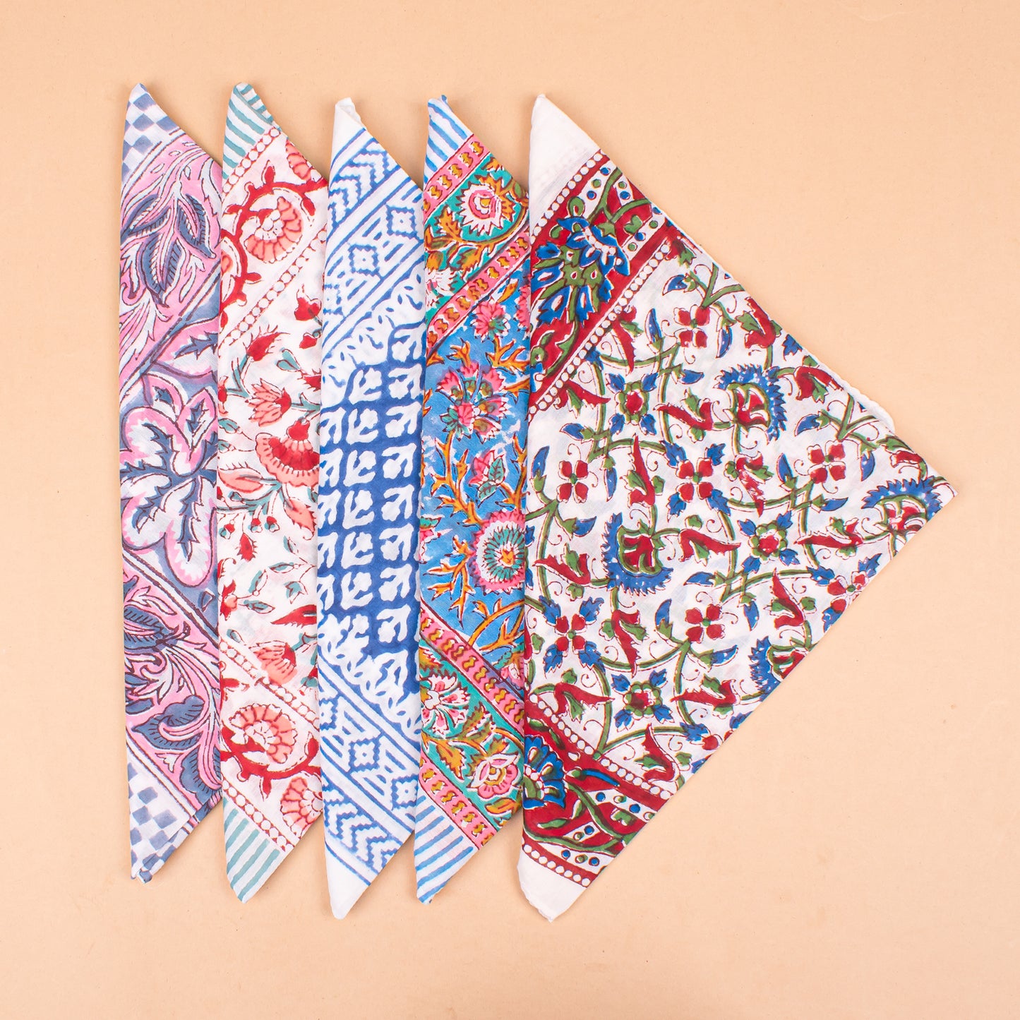 Set of 5 - Handmade Block Print Cotton Bandana, Boho Paisley Design Scarf, Organic Lightweight Neck Or Hair Wrap, Sustainable Unisex Fashion Gift