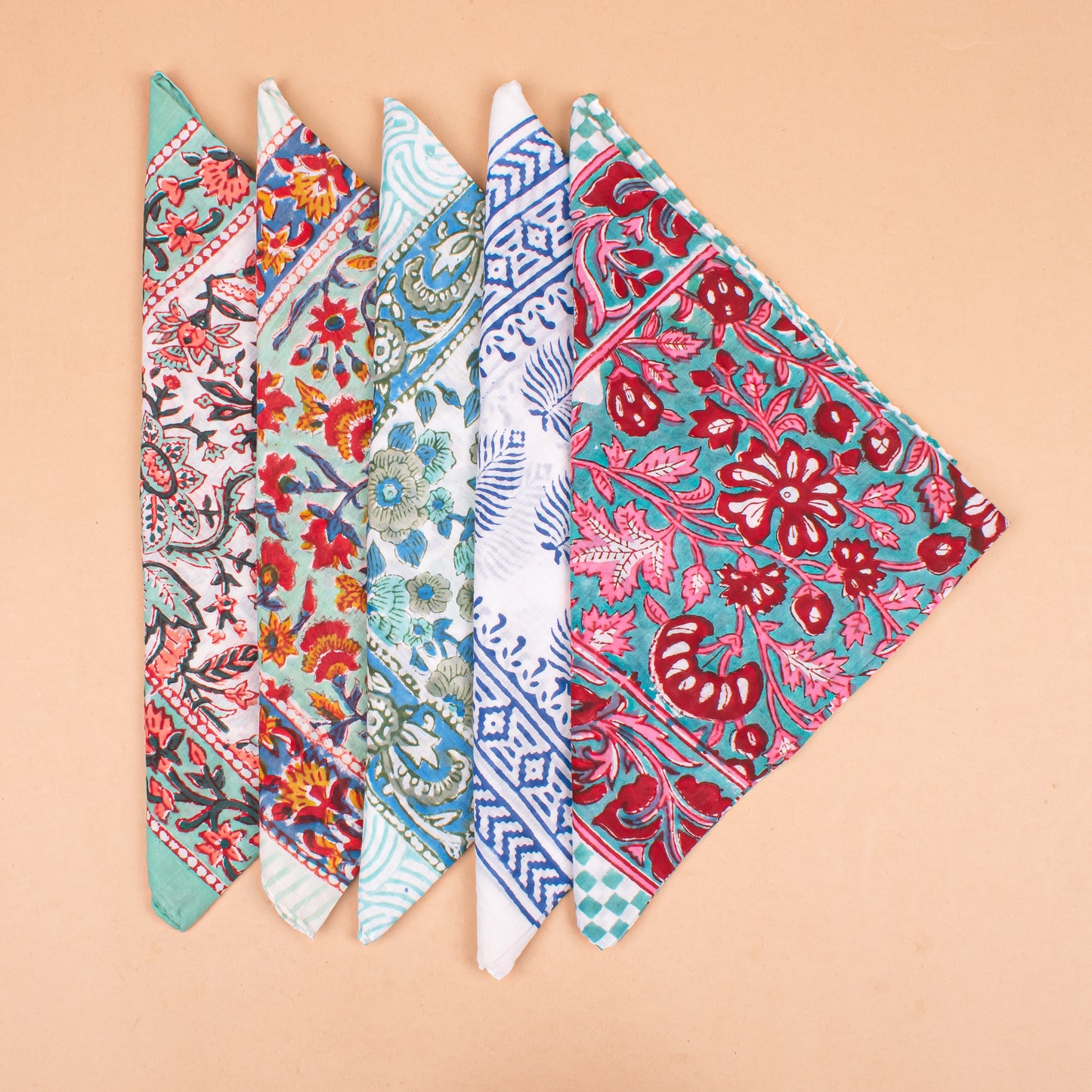 Set of 5 - Organic Cotton Block Printed Bandana, Paisley Boho Scarf, Handmade Lightweight Hair Or Neck Wrap, Unisex Fashion Accessory, Eco Gift