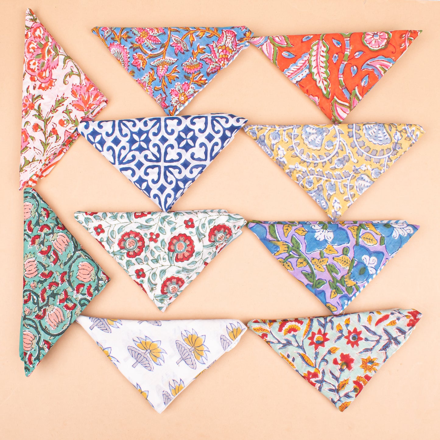 Set of 10 - Handmade Organic Cotton Bandana, Artistic Block Print Scarf, Lightweight Hair Or Neck Wrap, Bohemian Unisex Accessory, Eco-Conscious Fashion Gift