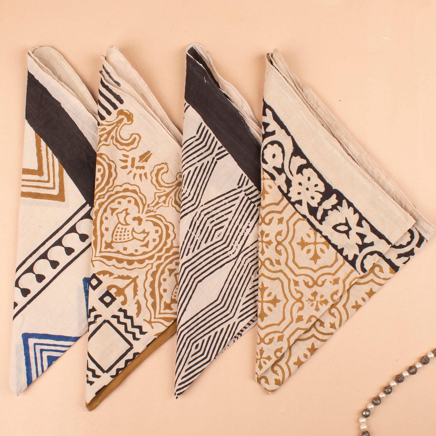 Set of 4 - Cotton Bandanas, Eco-Friendly Festival & Outdoor Accessory, Neck & Wrist Ties, Unisex Vintage Style Bandanas, Handblock Printed Head Scarf