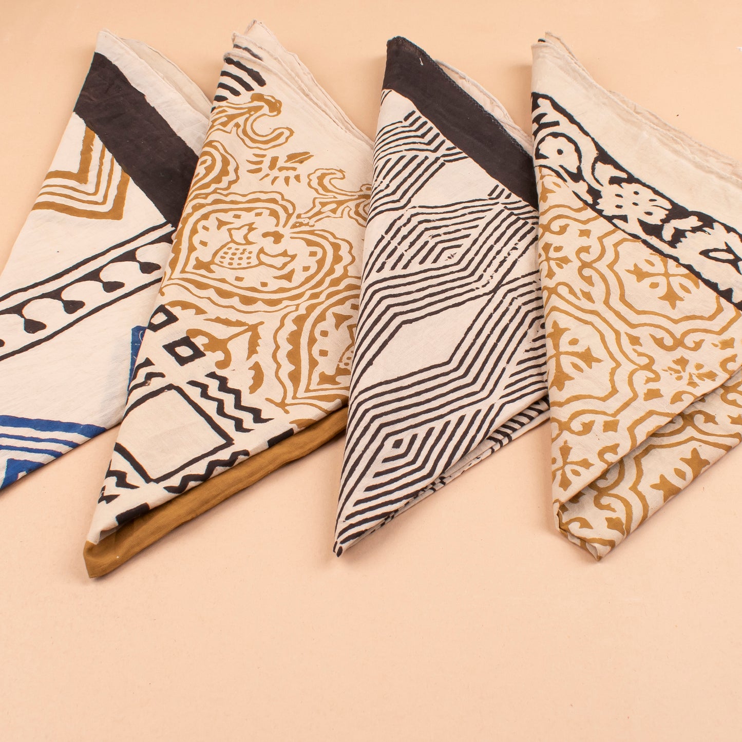 Set of 4 - Cotton Bandanas, Eco-Friendly Festival & Outdoor Accessory, Neck & Wrist Ties, Unisex Vintage Style Bandanas, Handblock Printed Head Scarf