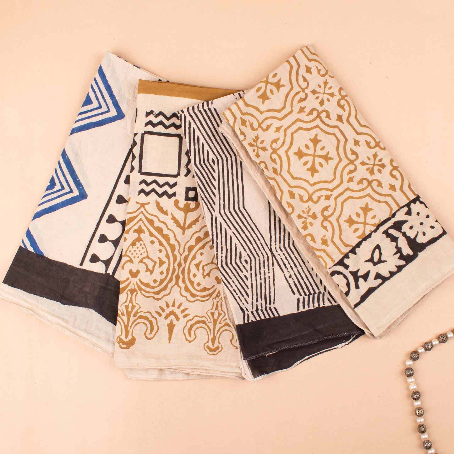 Set of 4 - Cotton Bandanas, Eco-Friendly Festival & Outdoor Accessory, Neck & Wrist Ties, Unisex Vintage Style Bandanas, Handblock Printed Head Scarf