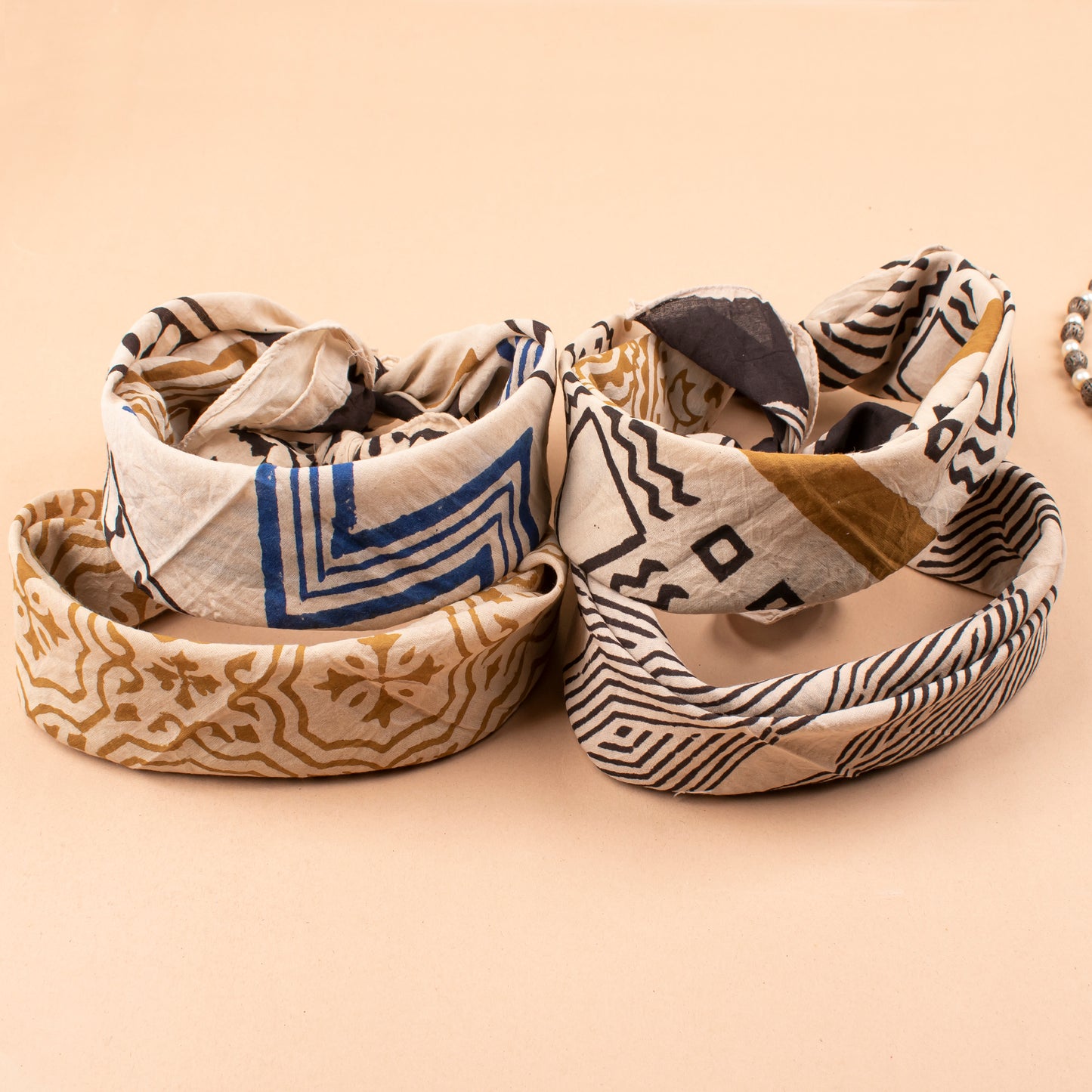 Set of 4 - Cotton Bandanas, Eco-Friendly Festival & Outdoor Accessory, Neck & Wrist Ties, Unisex Vintage Style Bandanas, Handblock Printed Head Scarf