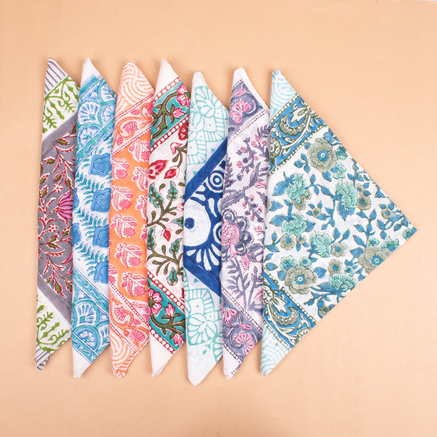 Set of 7 - Bohemian Cotton Bandana, Hand Block Printed Neck Scarf, Organic Hair Wrap, Unisex Accessory, Sustainable Fashion Gift For Men & Women