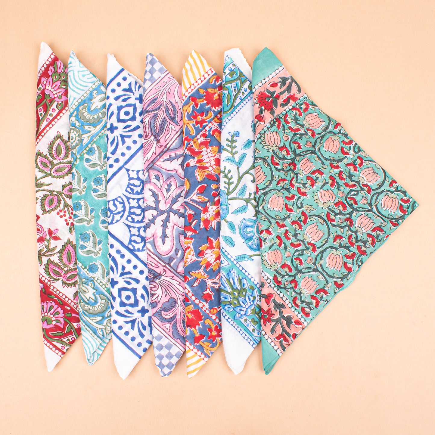 Set of 7 - Artisan Block Print Cotton Bandana, Paisley Boho Scarf, Organic Hair Or Neck Wrap, Handmade Lightweight Accessory, Thoughtful Eco Gift