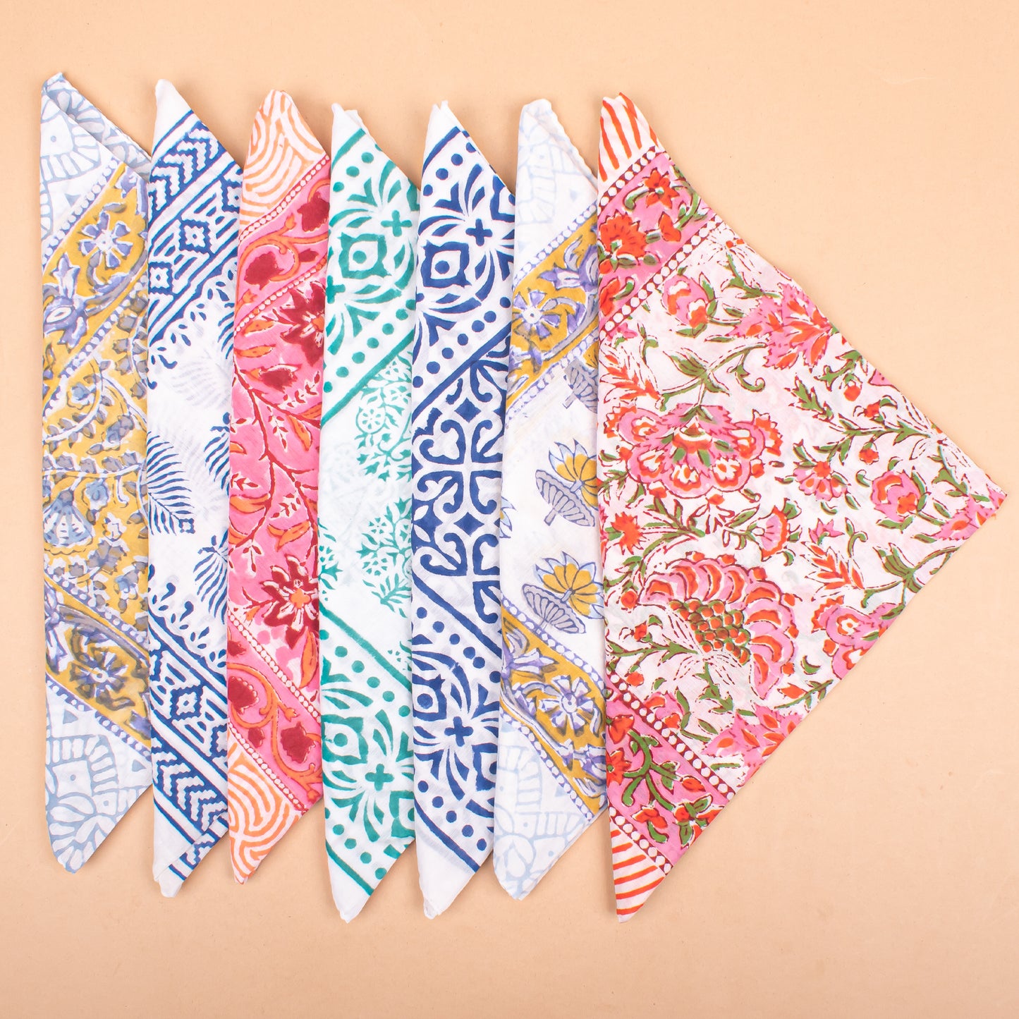 Set of 7 - Handmade Paisley Cotton Bandana, Block Printed Organic Scarf, Lightweight Neck Or Hair Wrap, Boho Unisex Accessory, Sustainable Gift Idea