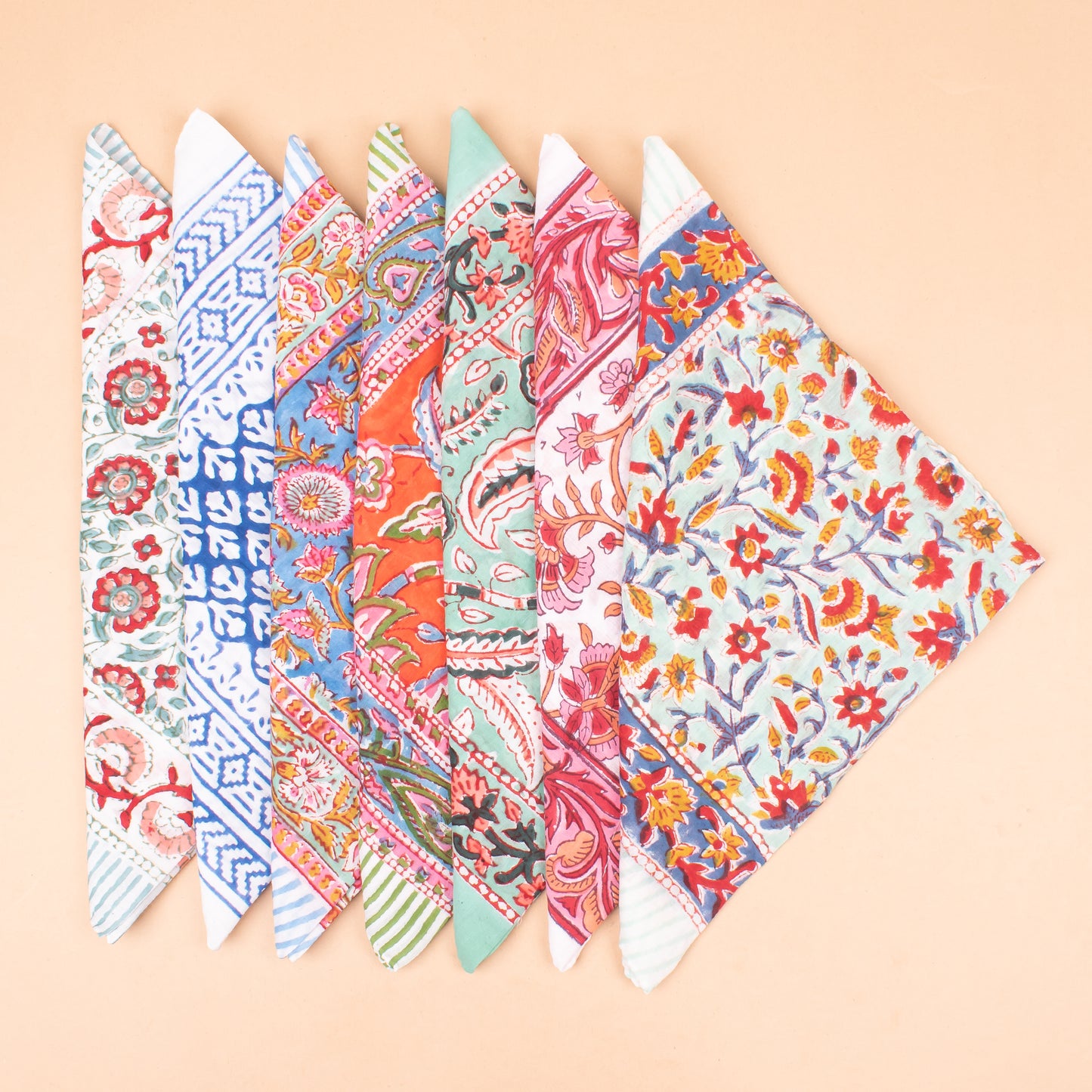 Set of 7 - Block Printed Cotton Bandana, Unisex Fashion Gift For Men & Women, Bohemian Paisley Design, Handmade Neck Or Hair Scarf