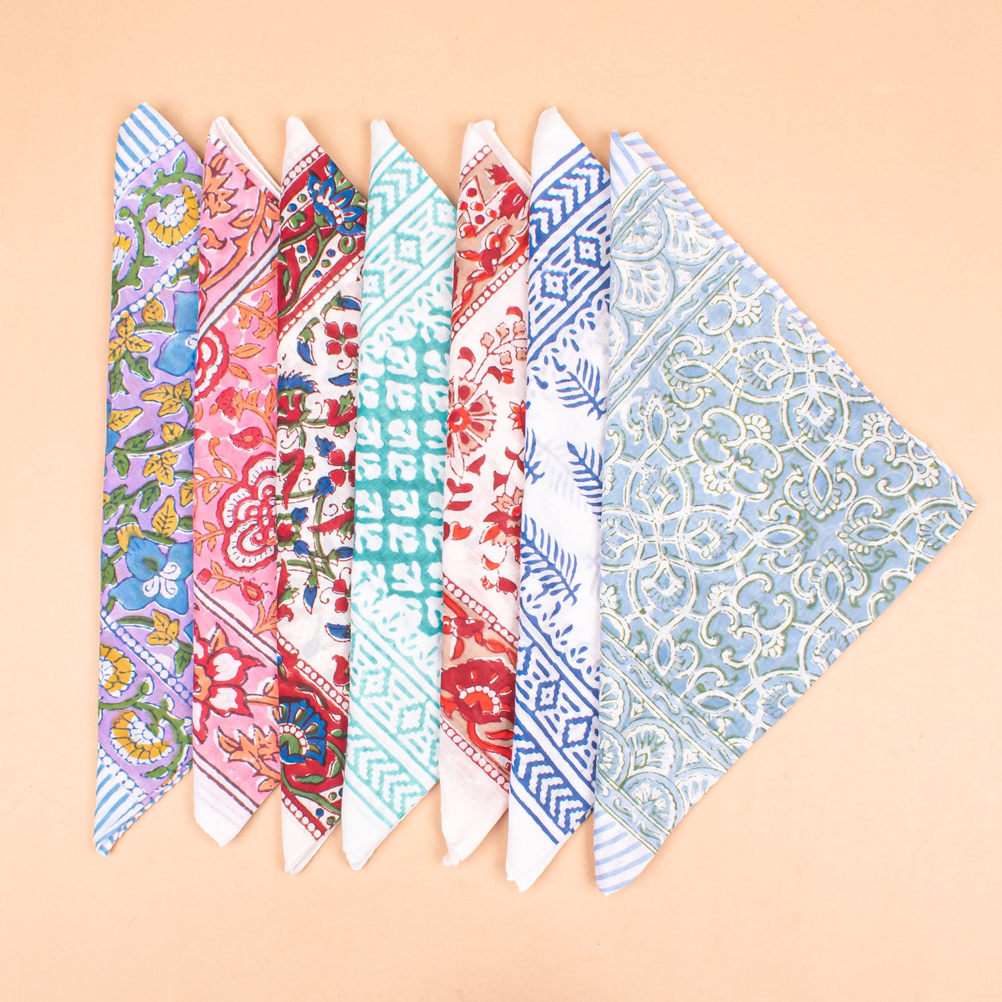 Set of 7 - Handcrafted Organic Cotton Bandana, Paisley Boho Scarf, Block Printed Hair Or Neck Wrap, Lightweight Sustainable Accessory