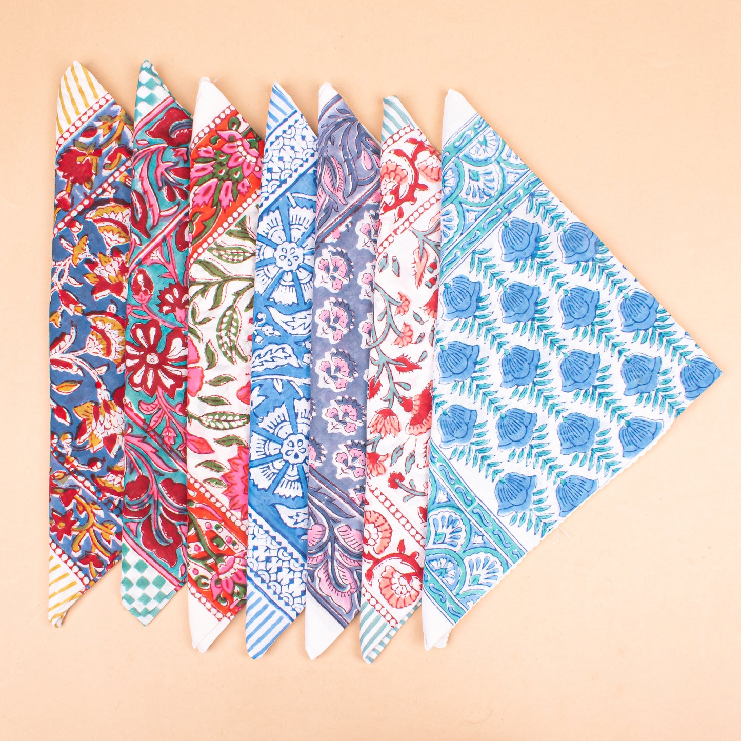 Set of 7 - Bohemian Floral Print Cotton Bandana, Handmade Block Printed Scarf, Organic Neck Or Hair Wrap, Lightweight Unisex Fashion Gift