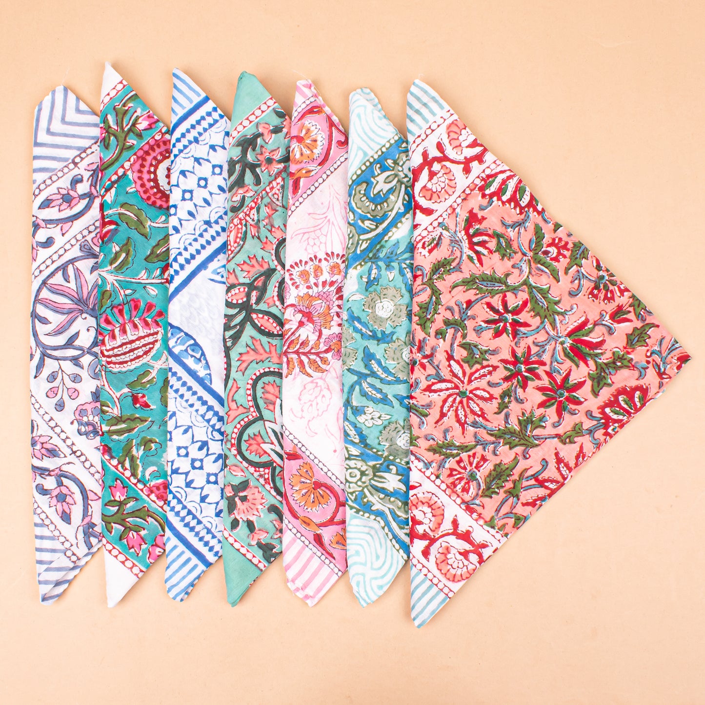 Set of 7 - Lightweight Hair Or Neck Wrap, Block Printed Organic Cotton Bandana, Handmade Paisley Scarf, Unisex Boho Accessory, Eco-Friendly Gift