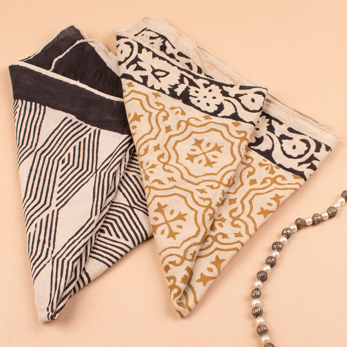 Set of 2 - 100% Cotton Handblock Printed Bandanas, Unisex Small Scarf, Sustainable Head Wrap, Stylish Boho Accessory, Eco-Friendly Neck Tie