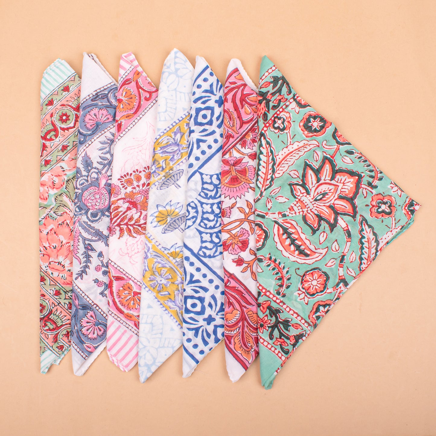 Set of 7 - Eco-Friendly Cotton Bandana, Hand Block Printed Organic Scarf, Lightweight Hair, Face Or Neck Wrap, Bohemian Paisley & Floral Design Gift